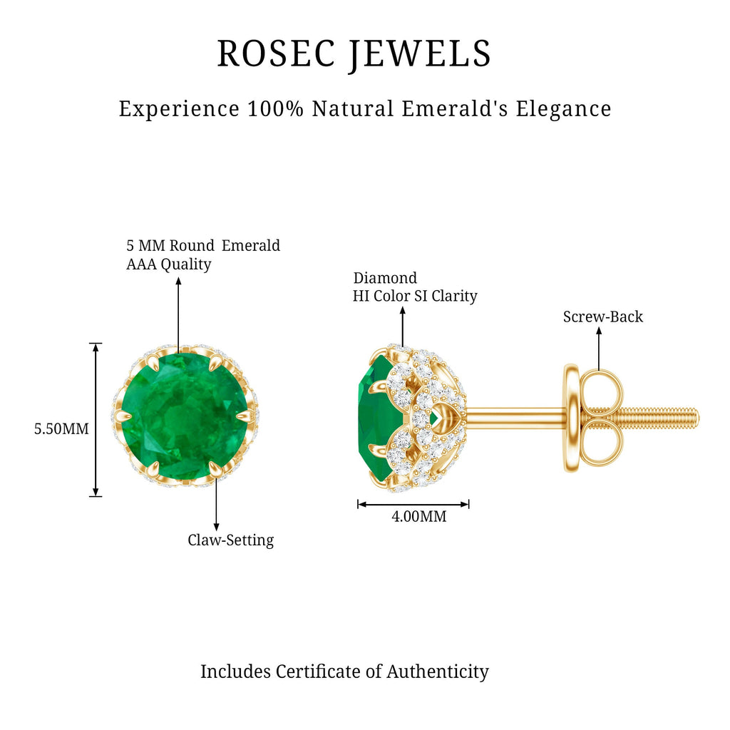 Designer Emerald Diamond Stud Earrings with Screw Back