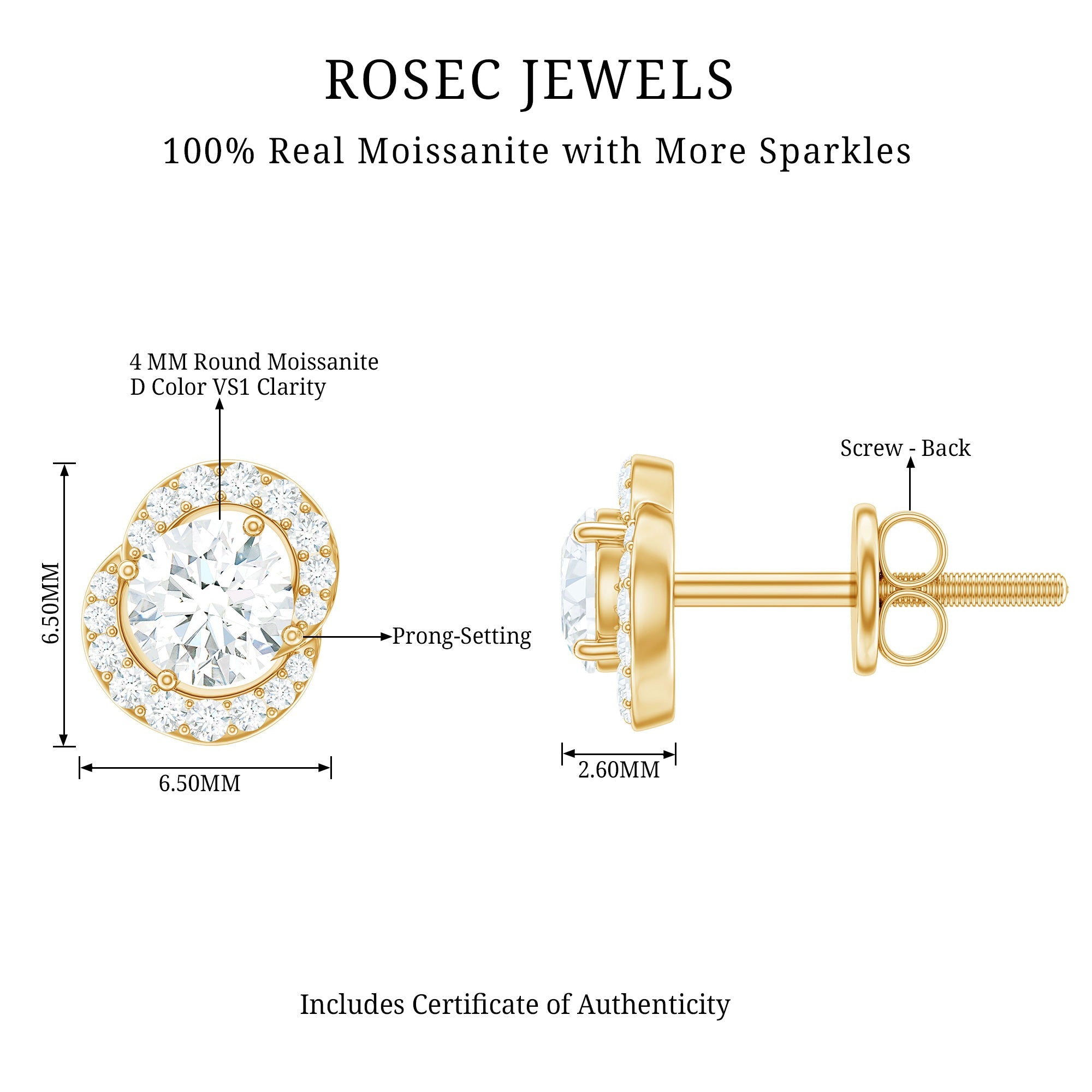 Certified Moissanite Everyday Stud Earrings with Screw Back