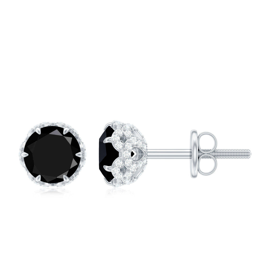 0.9 Carat Black Spinel Stud Earrings with Diamond Accent