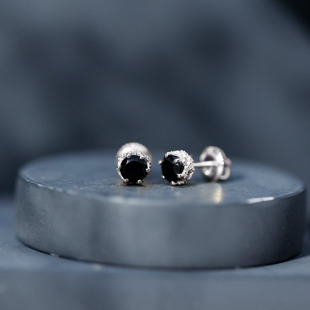 0.9 Carat Black Spinel Stud Earrings with Diamond Accent