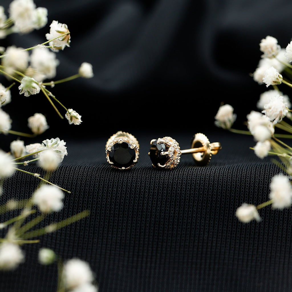 0.9 Carat Black Spinel Stud Earrings with Diamond Accent