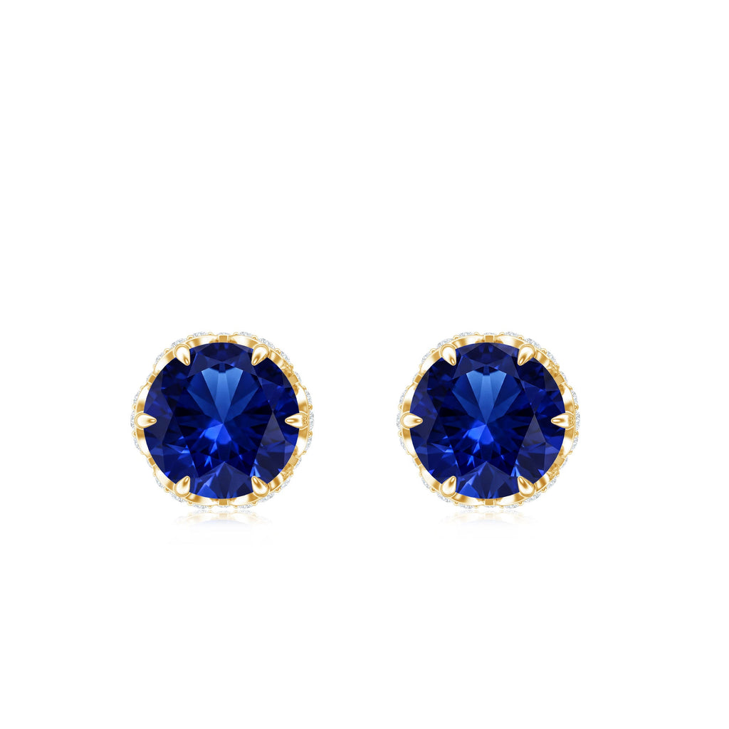 Solitaire Lab Created Blue Sapphire Stud Earrings with Diamonds