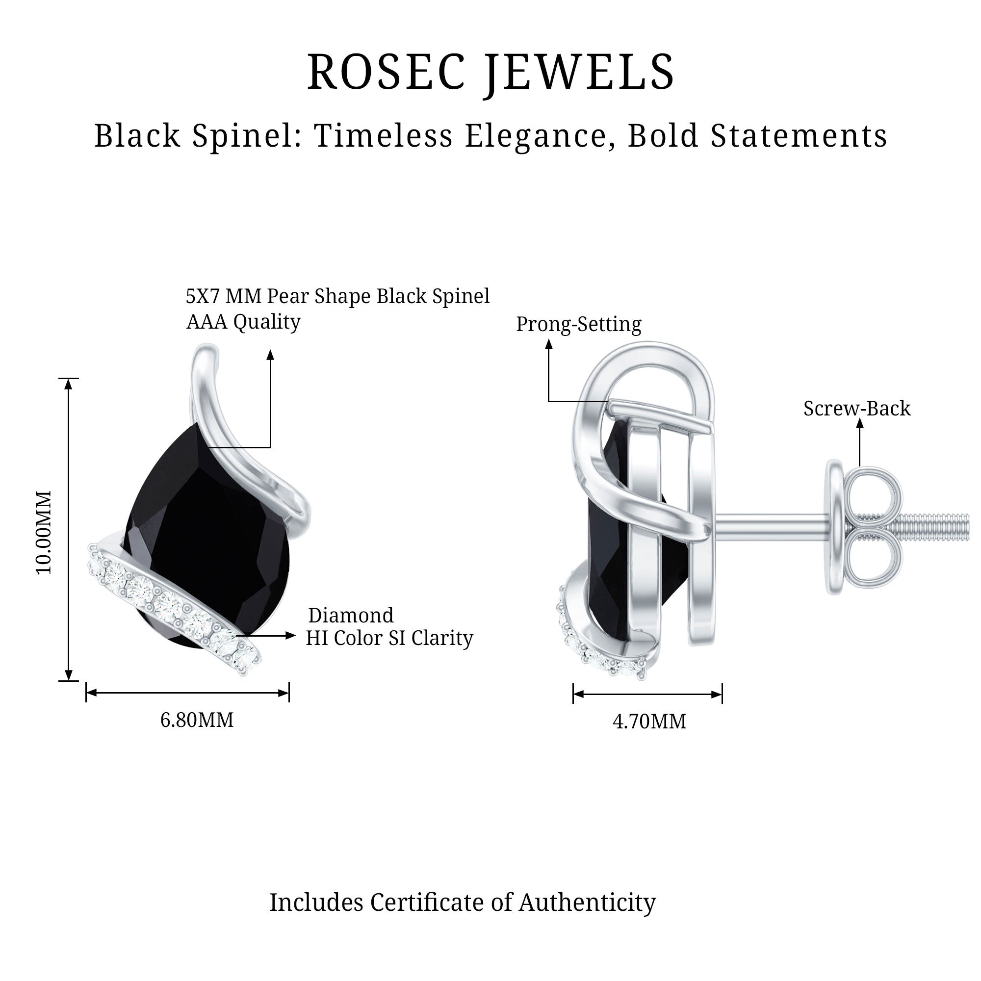 1.2 Carat Natural Black Spinel Teardrop Stud Earrings with Diamond