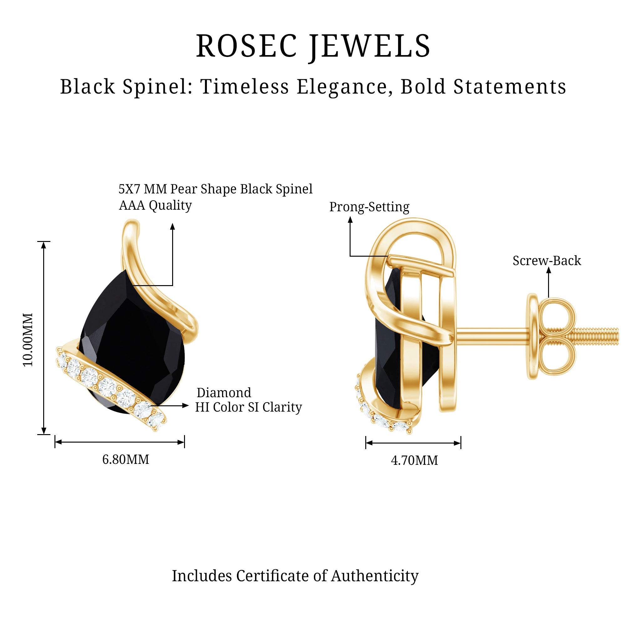 1.2 Carat Natural Black Spinel Teardrop Stud Earrings with Diamond