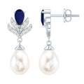Freshwater Pearl and Blue Sapphire Teardrop Earrings with Moissanite