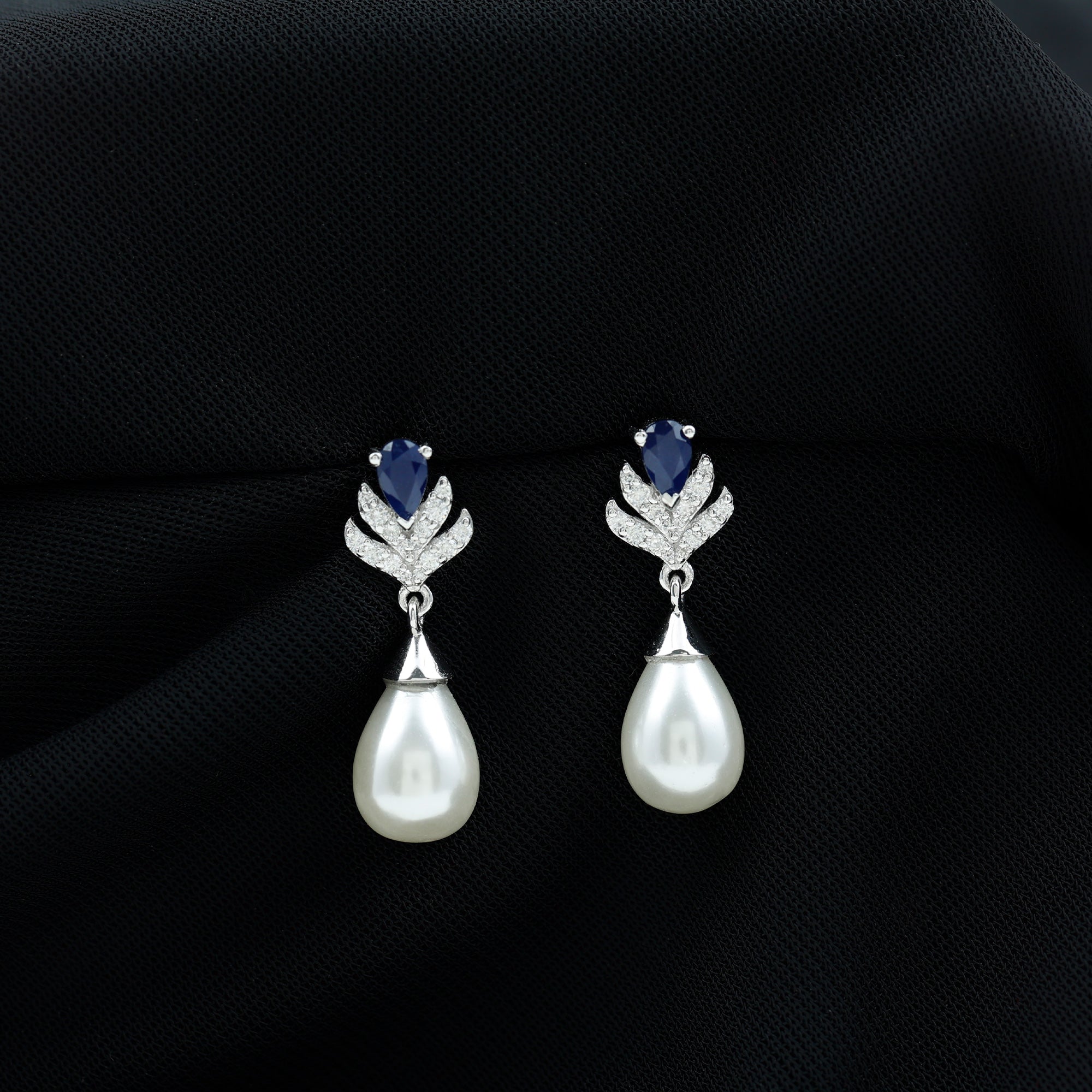 Freshwater Pearl and Blue Sapphire Teardrop Earrings with Moissanite