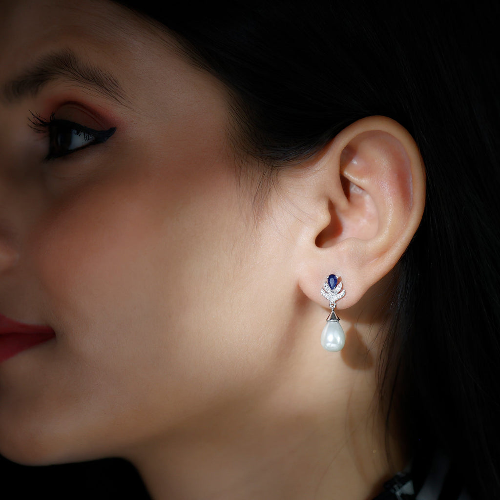Freshwater Pearl and Blue Sapphire Teardrop Earrings with Moissanite