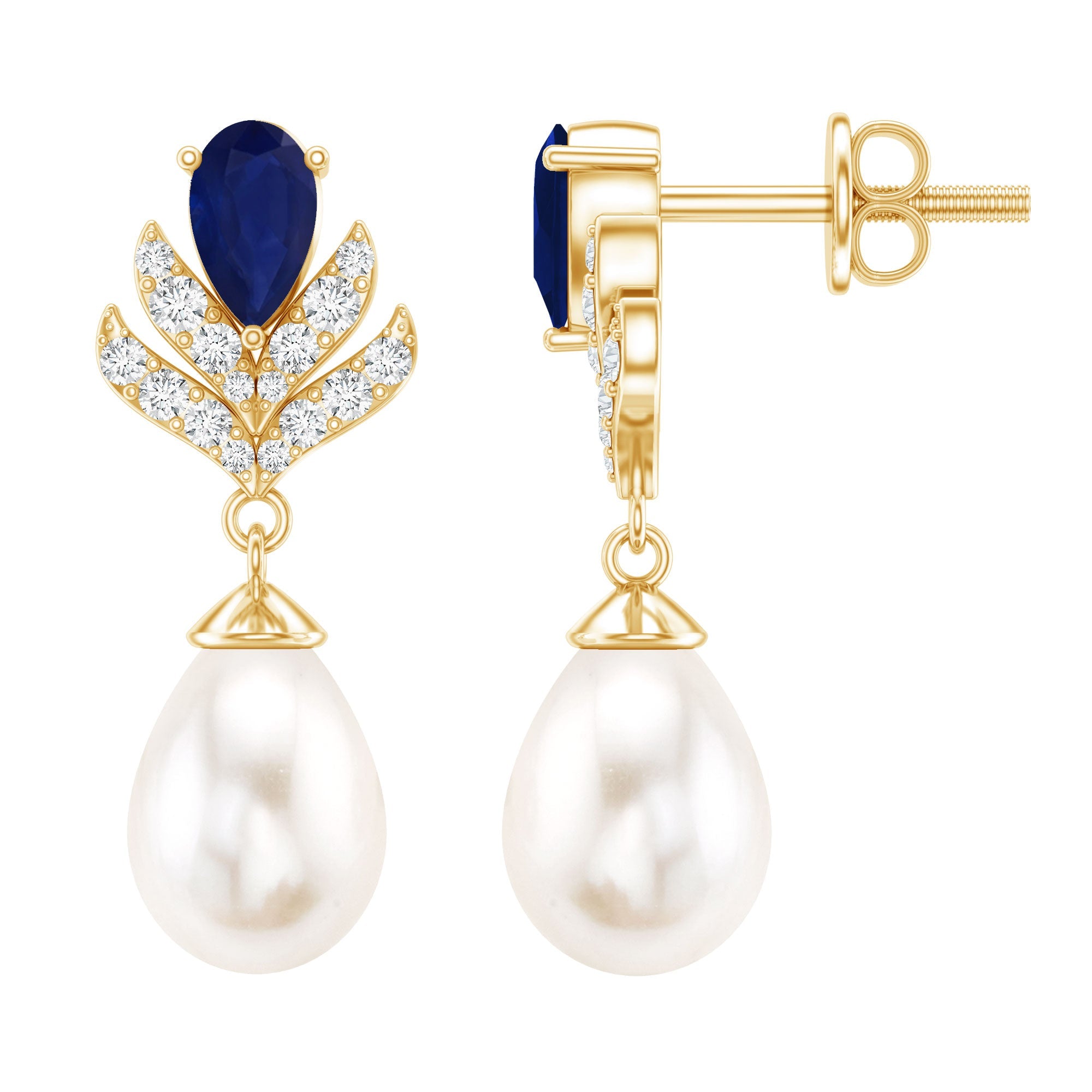 Freshwater Pearl and Blue Sapphire Teardrop Earrings with Moissanite