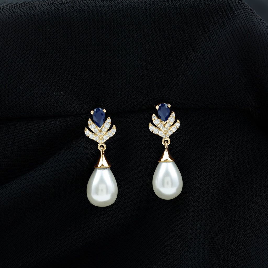 Freshwater Pearl and Blue Sapphire Teardrop Earrings with Moissanite