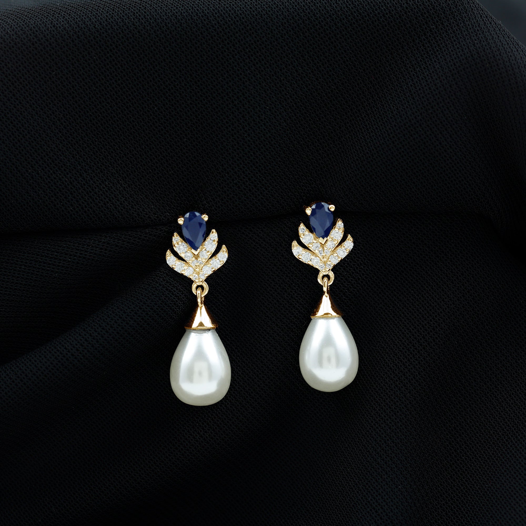 Freshwater Pearl and Blue Sapphire Teardrop Earrings with Moissanite