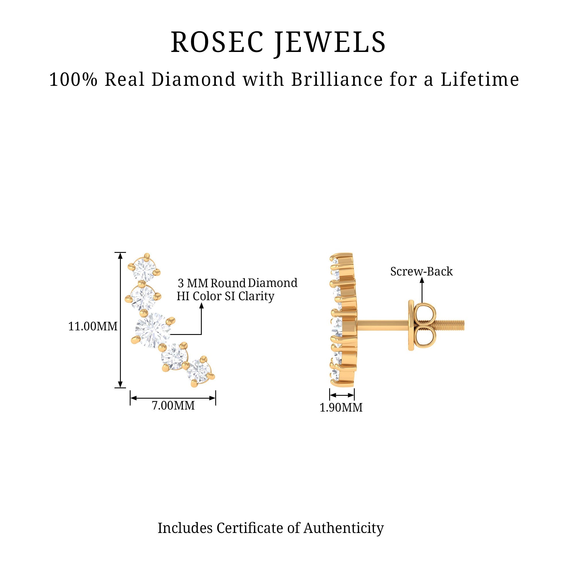 Round Diamond Curved Crawler Stud Earrings with Screw Backs