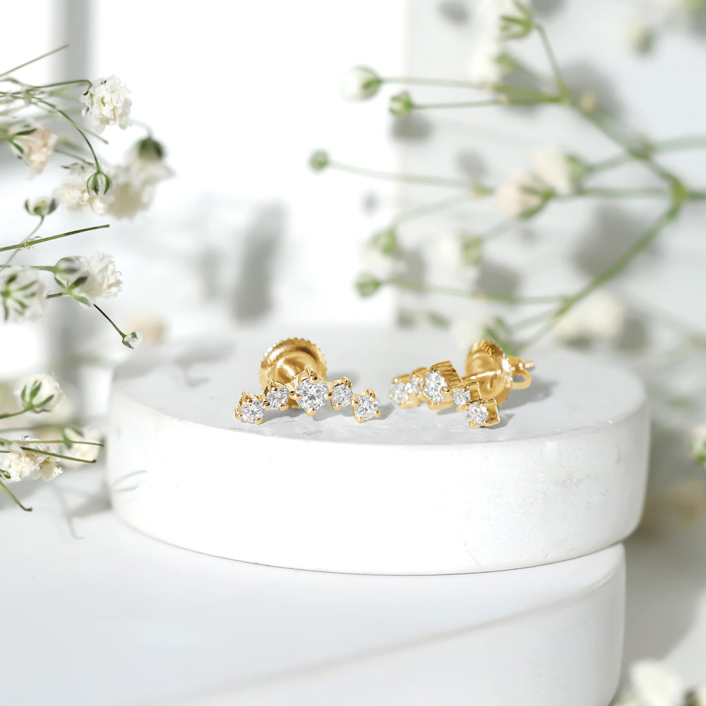 Round Diamond Curved Crawler Stud Earrings with Screw Backs