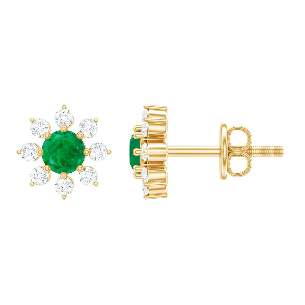 Natural Emerald and Diamond Floral Stud Earrings