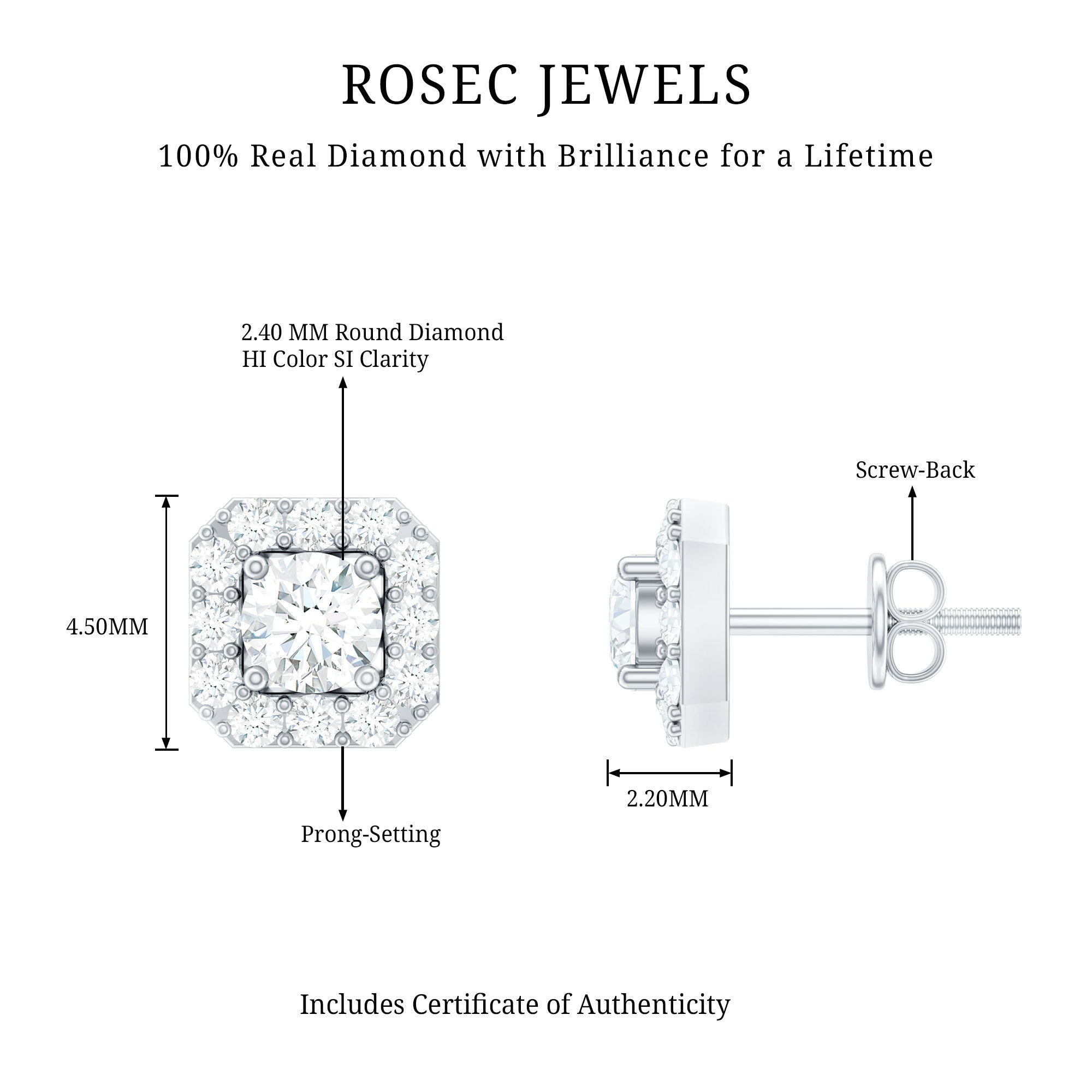 Minimalist Natural Diamond Halo Stud Earrings with Screw Back