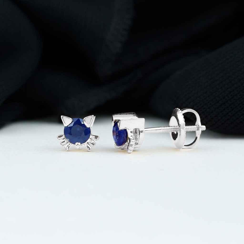 Natural 0.8 Carat Blue Sapphire Hello Kitty earrings for Women
