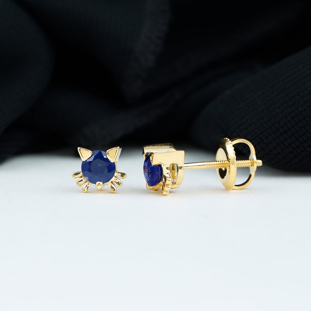 Natural 0.8 Carat Blue Sapphire Hello Kitty earrings for Women