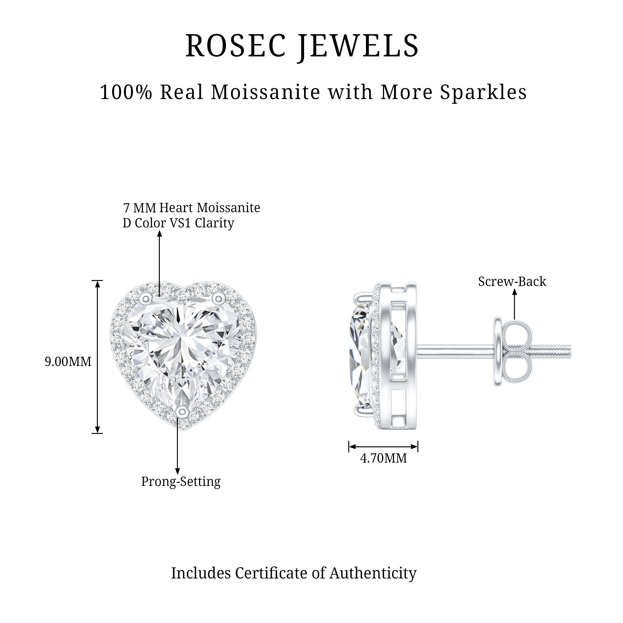 Certified Moissanite Heart Stud Earrings with Halo