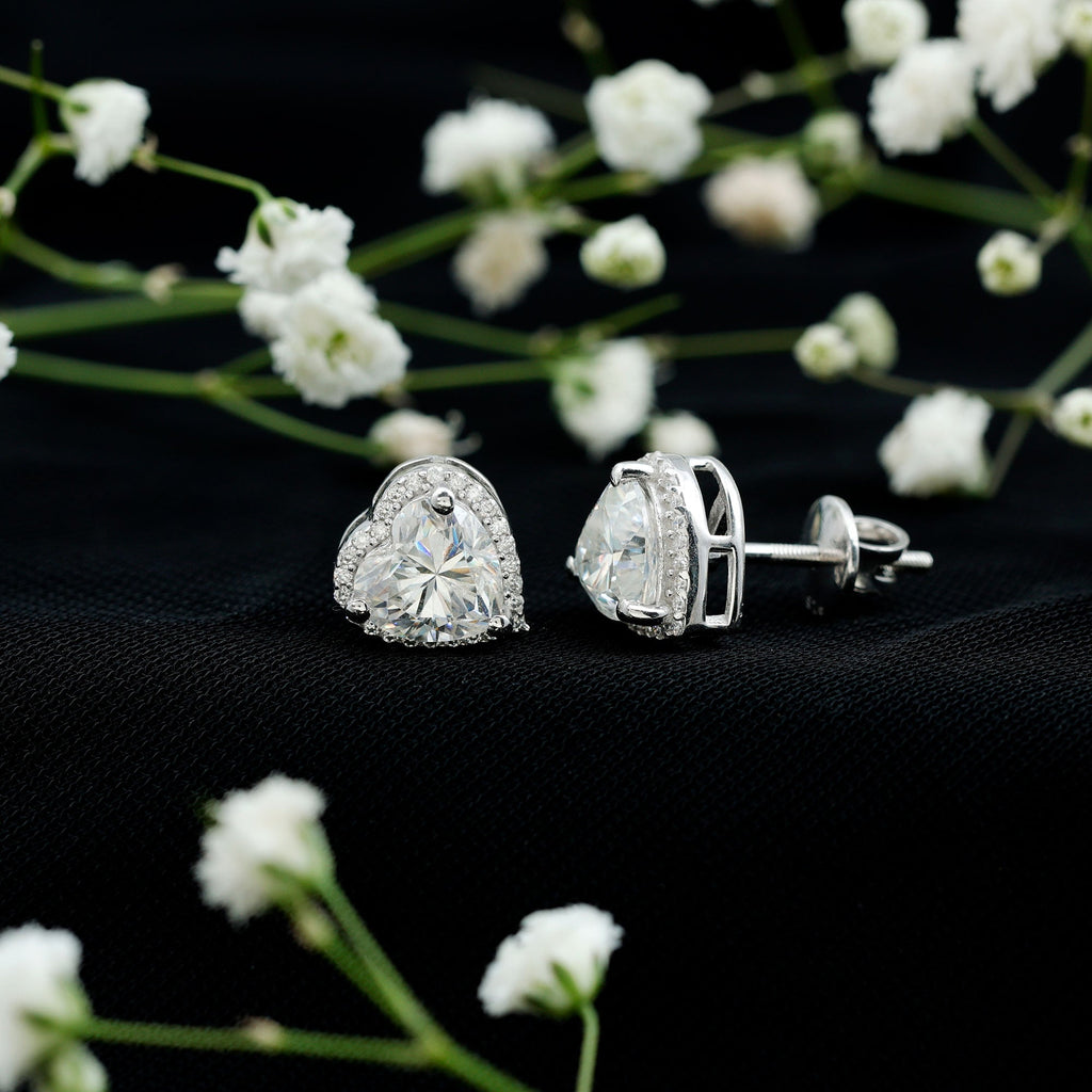Certified Moissanite Heart Stud Earrings with Halo