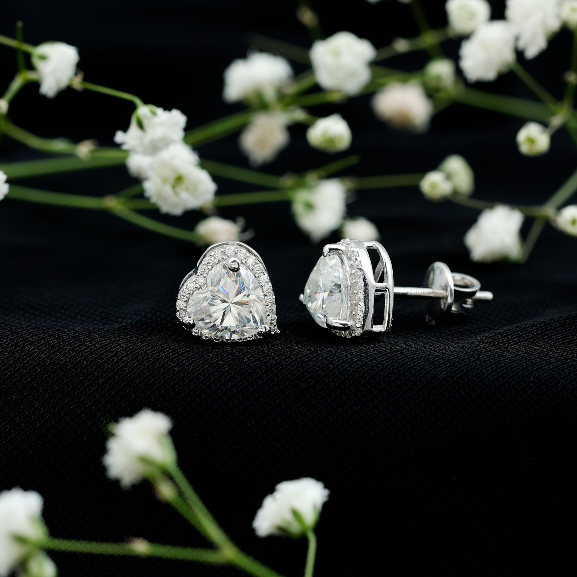 Certified Moissanite Heart Stud Earrings with Halo