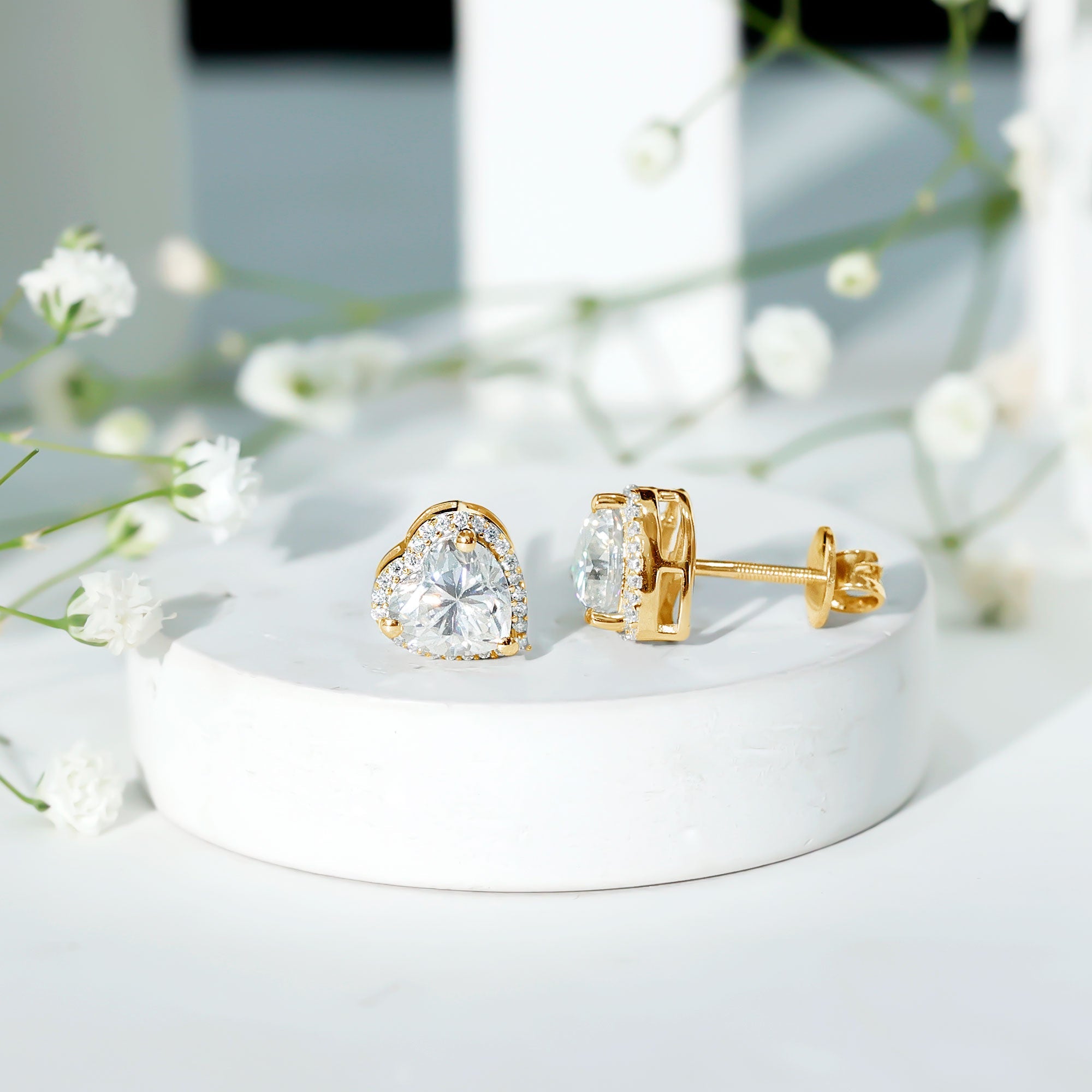Certified Moissanite Heart Stud Earrings with Halo