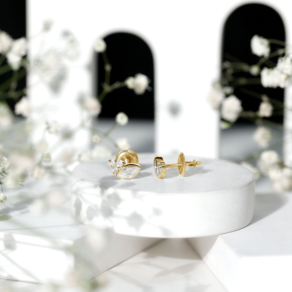 Marquise Shape Moissanite Stud Earrings with Screw Back