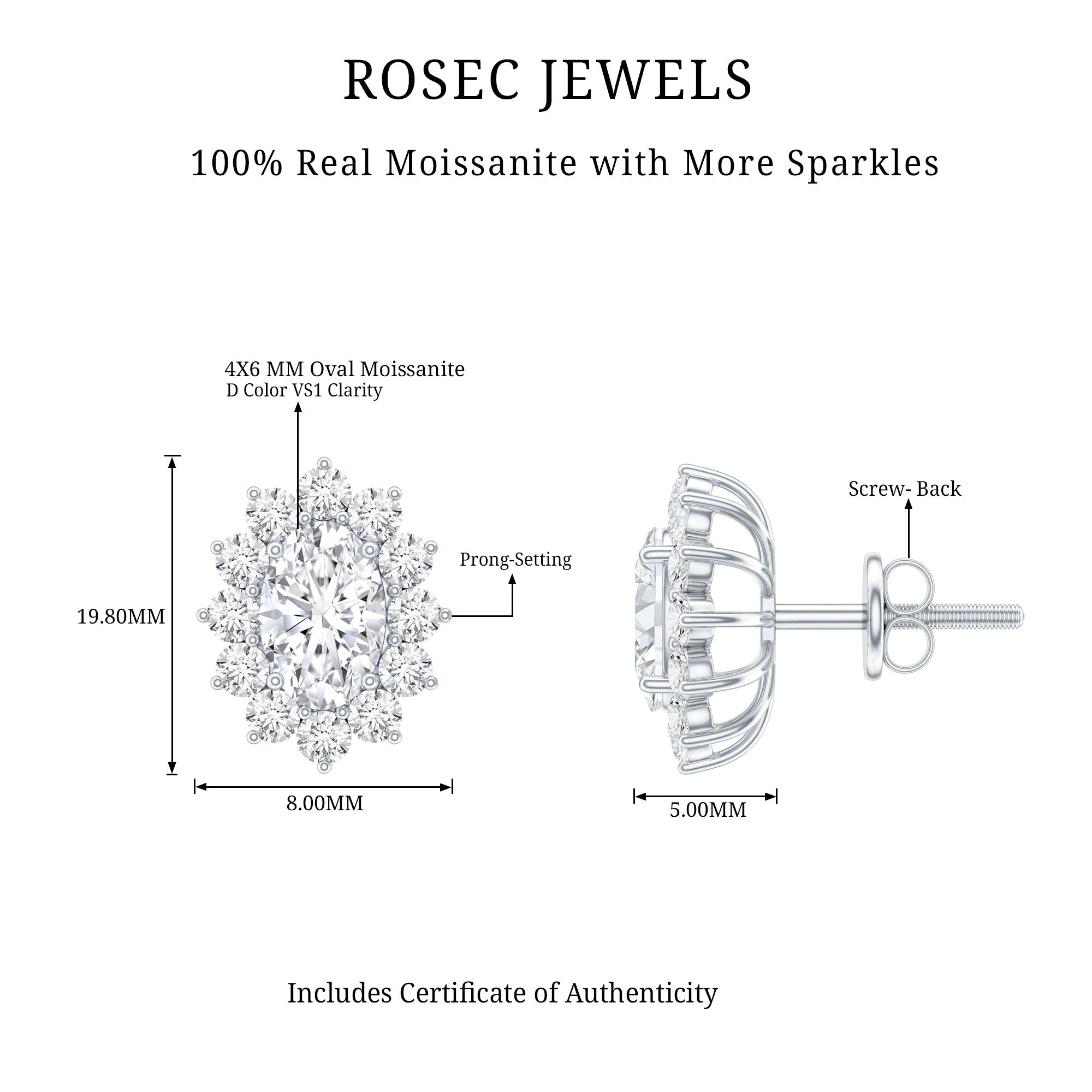Certified Moissanite Oval Stud Earrings with Halo
