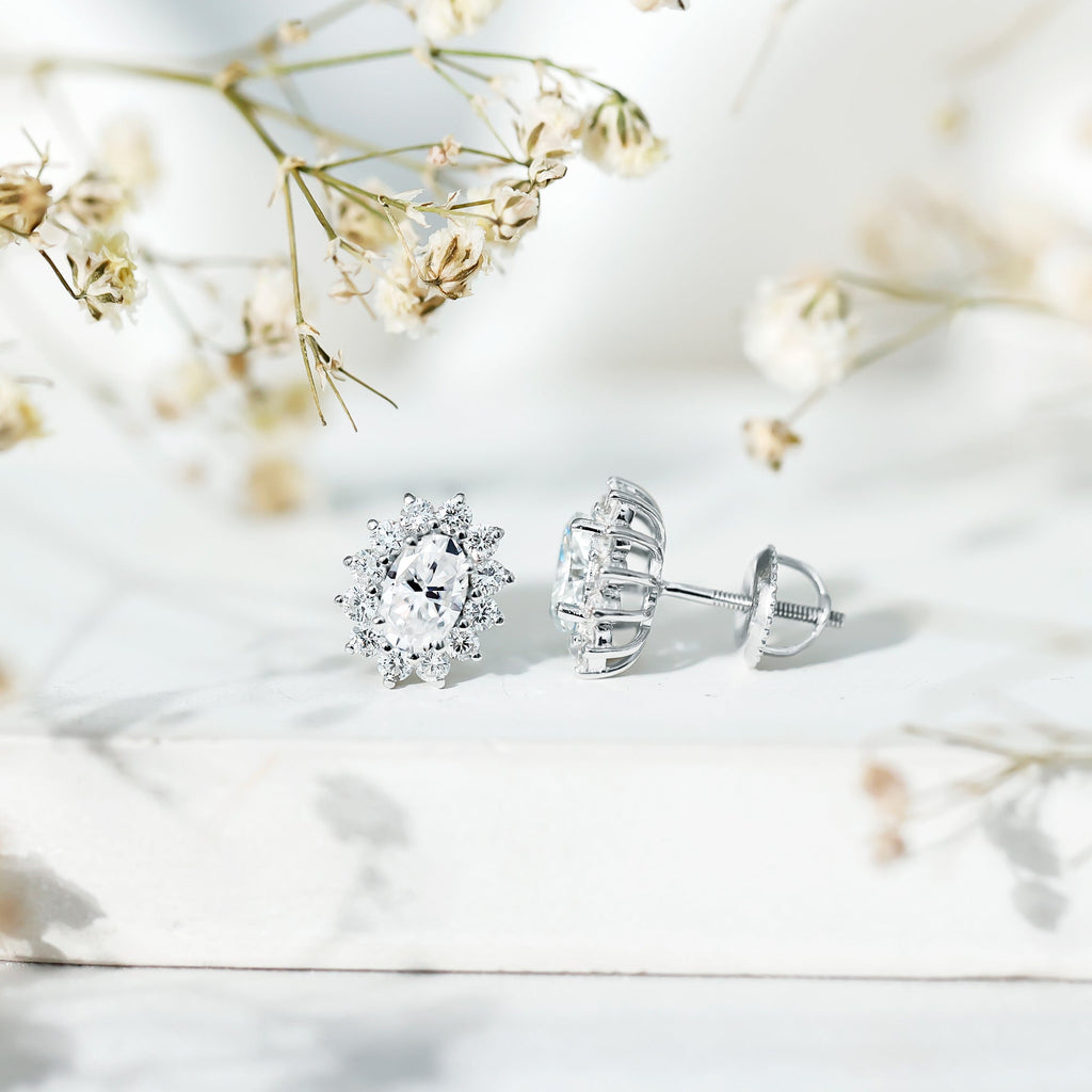 Certified Moissanite Oval Stud Earrings with Halo