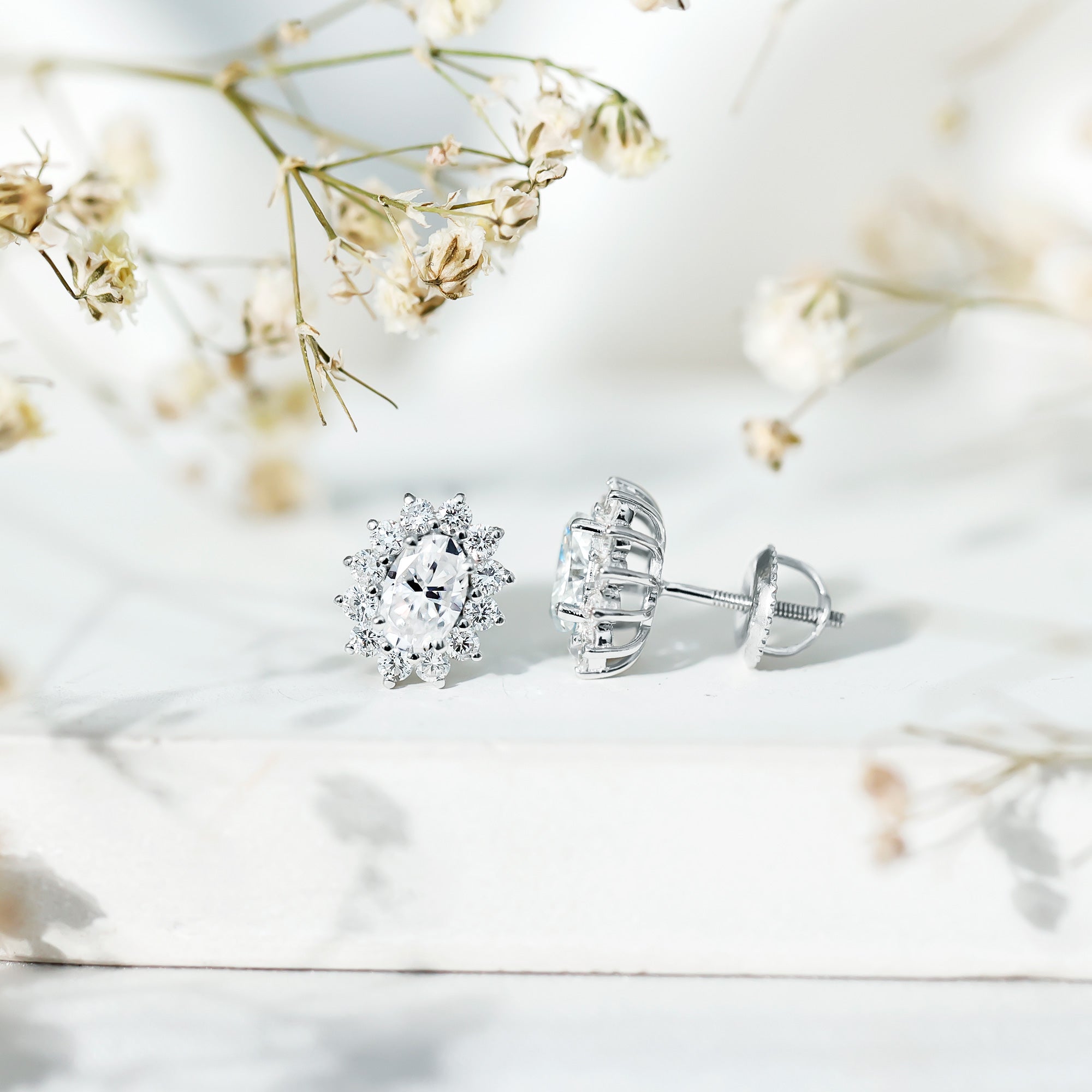 Certified Moissanite Oval Stud Earrings with Halo
