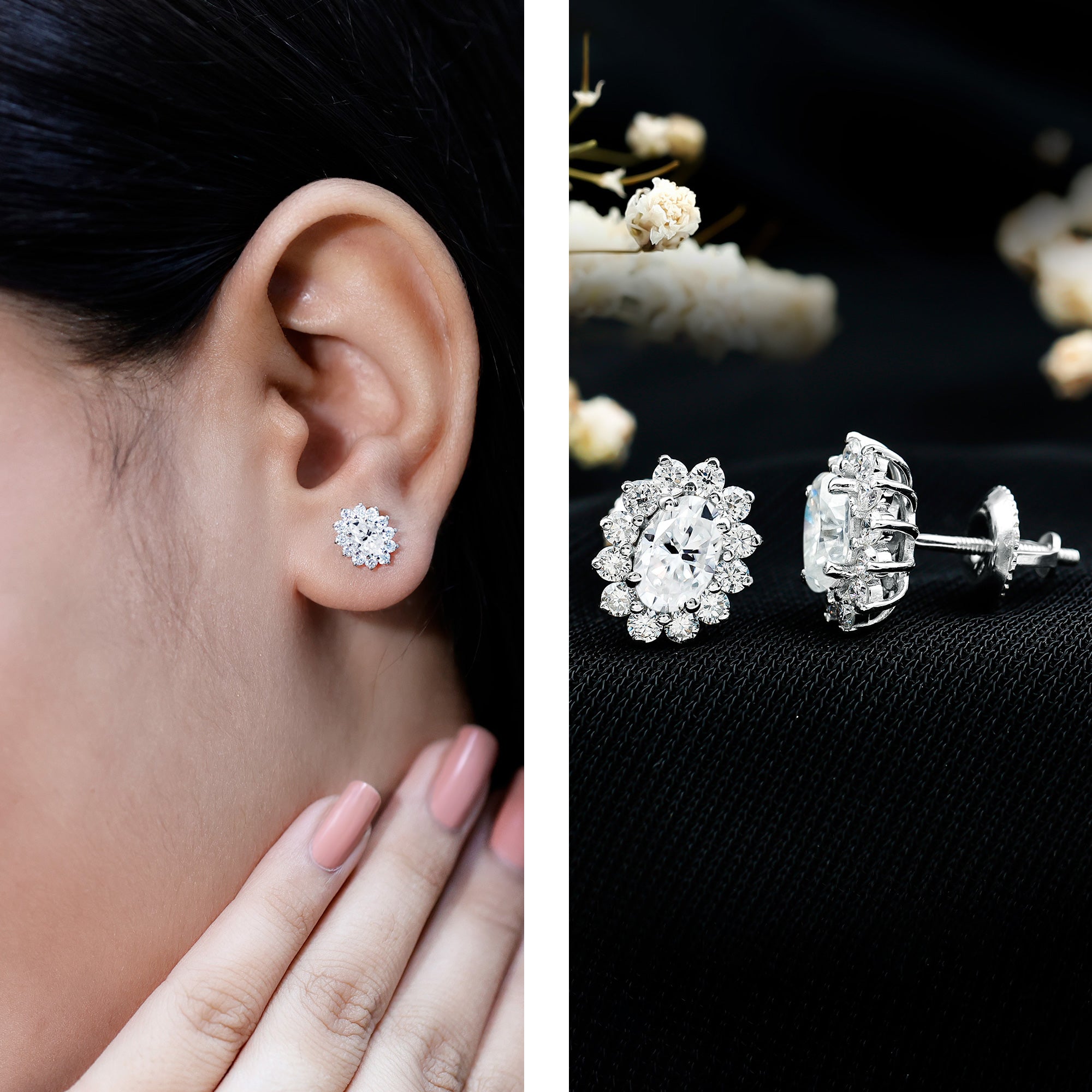 Certified Moissanite Oval Stud Earrings with Halo