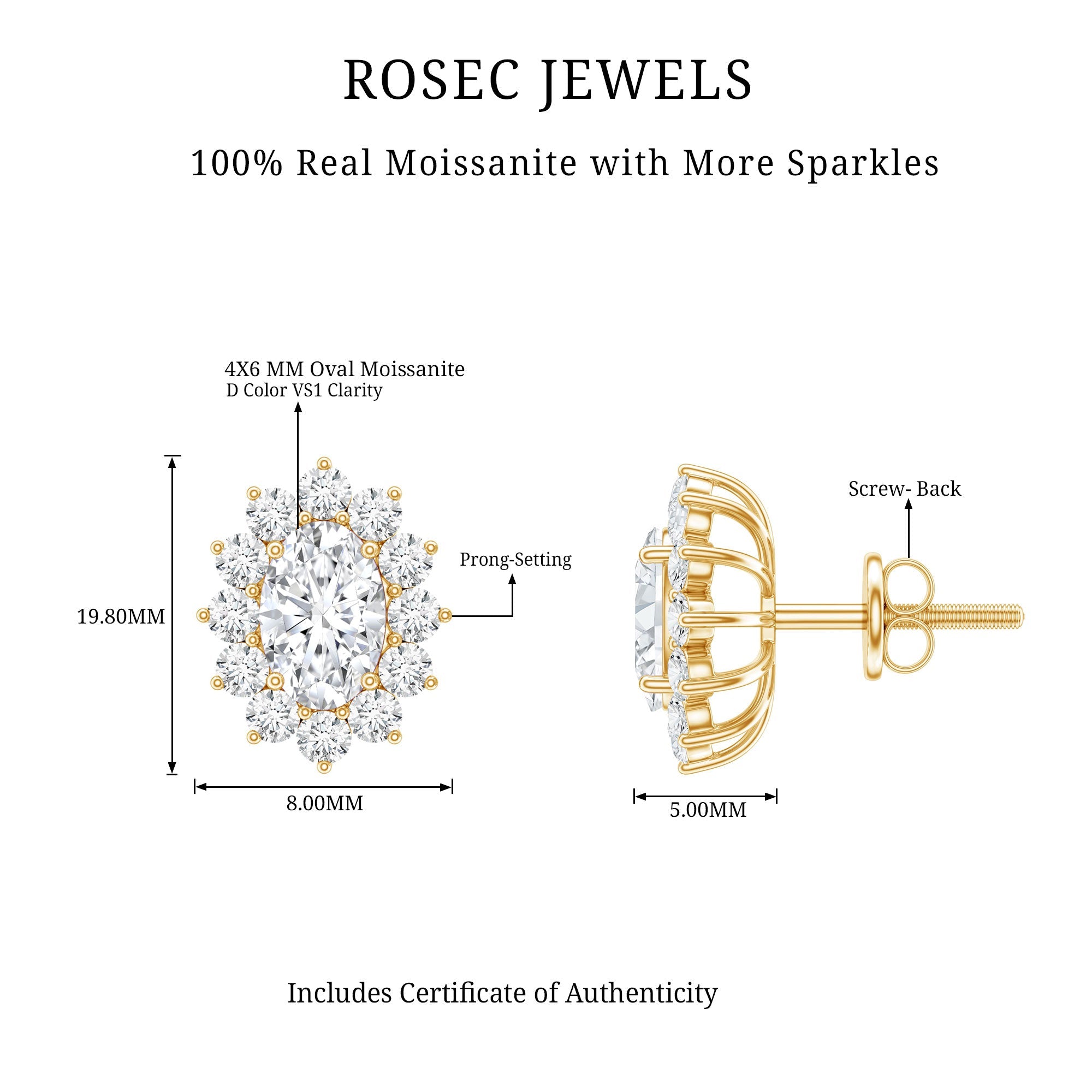 Certified Moissanite Oval Stud Earrings with Halo