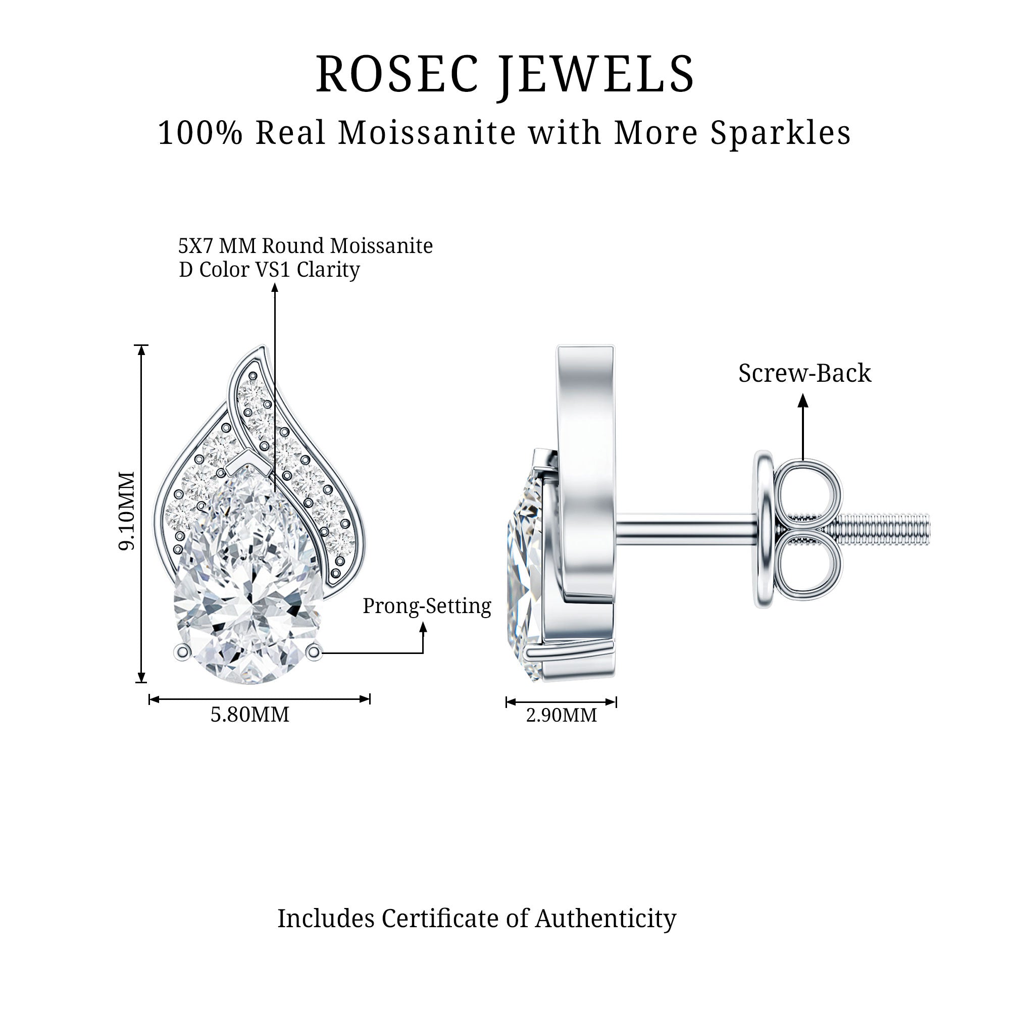 Classic 1.5 Carat Moissanite Stud Earrings with Screw Back
