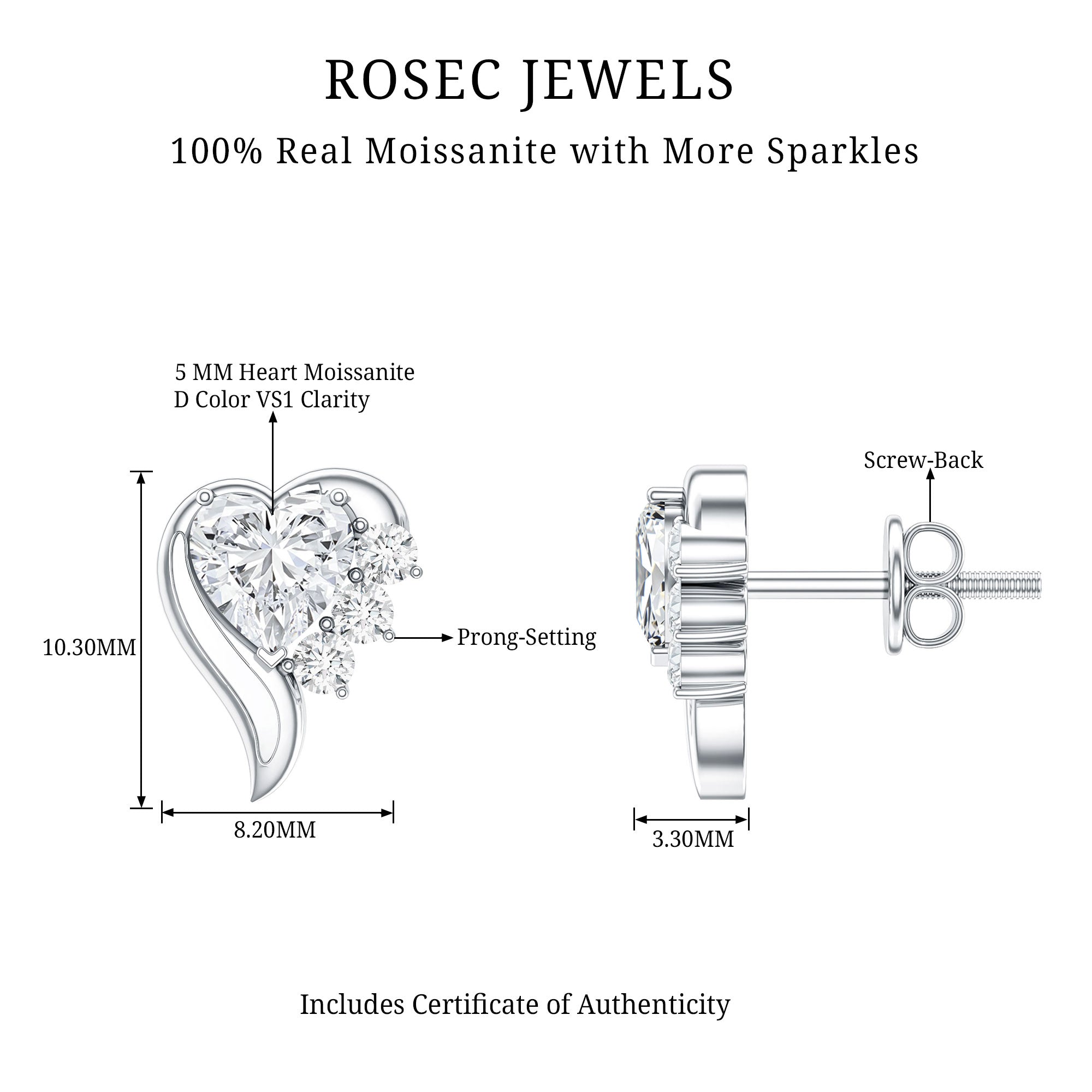 Heart Shape Moissanite Stud Earrings with Screw Back