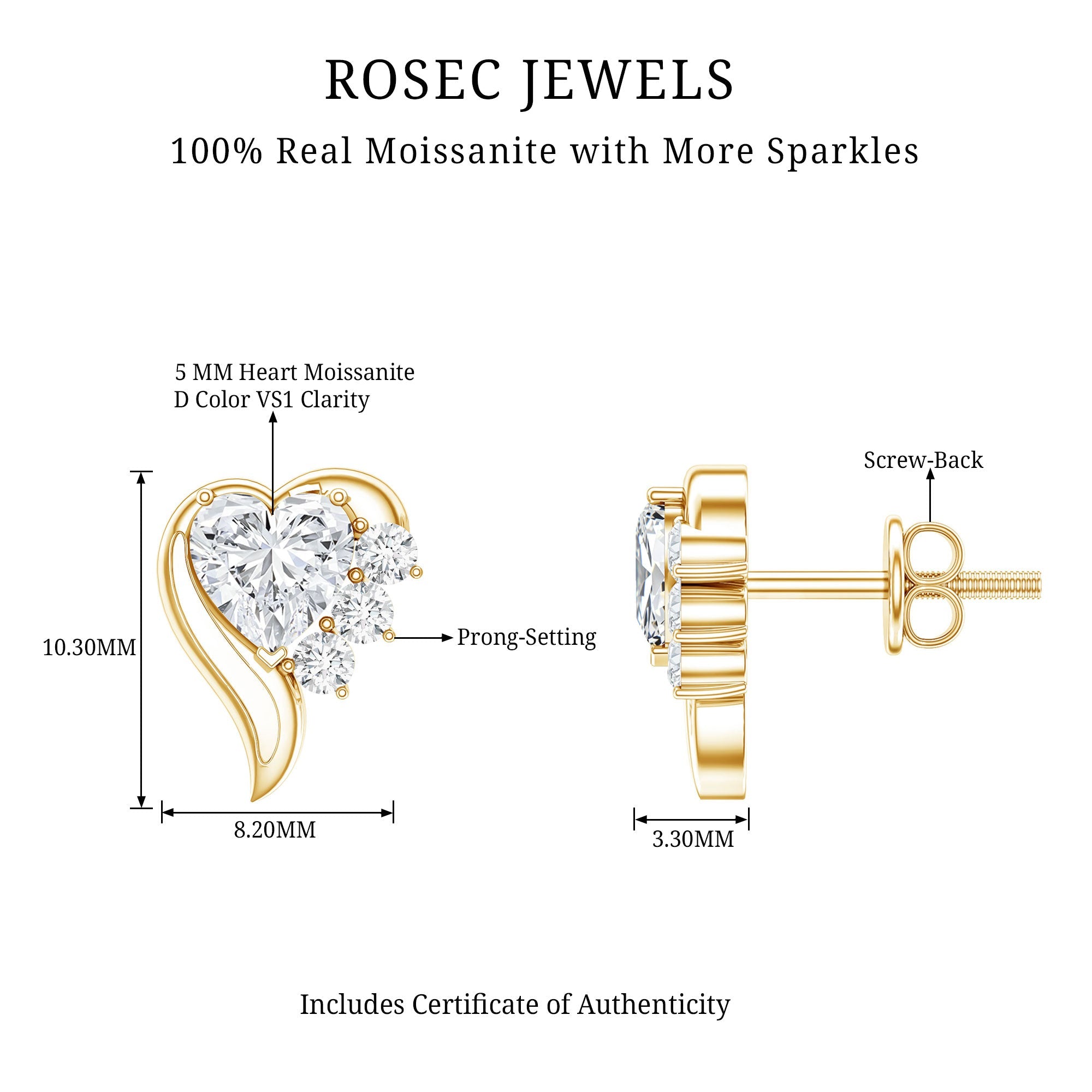 Heart Shape Moissanite Stud Earrings with Screw Back
