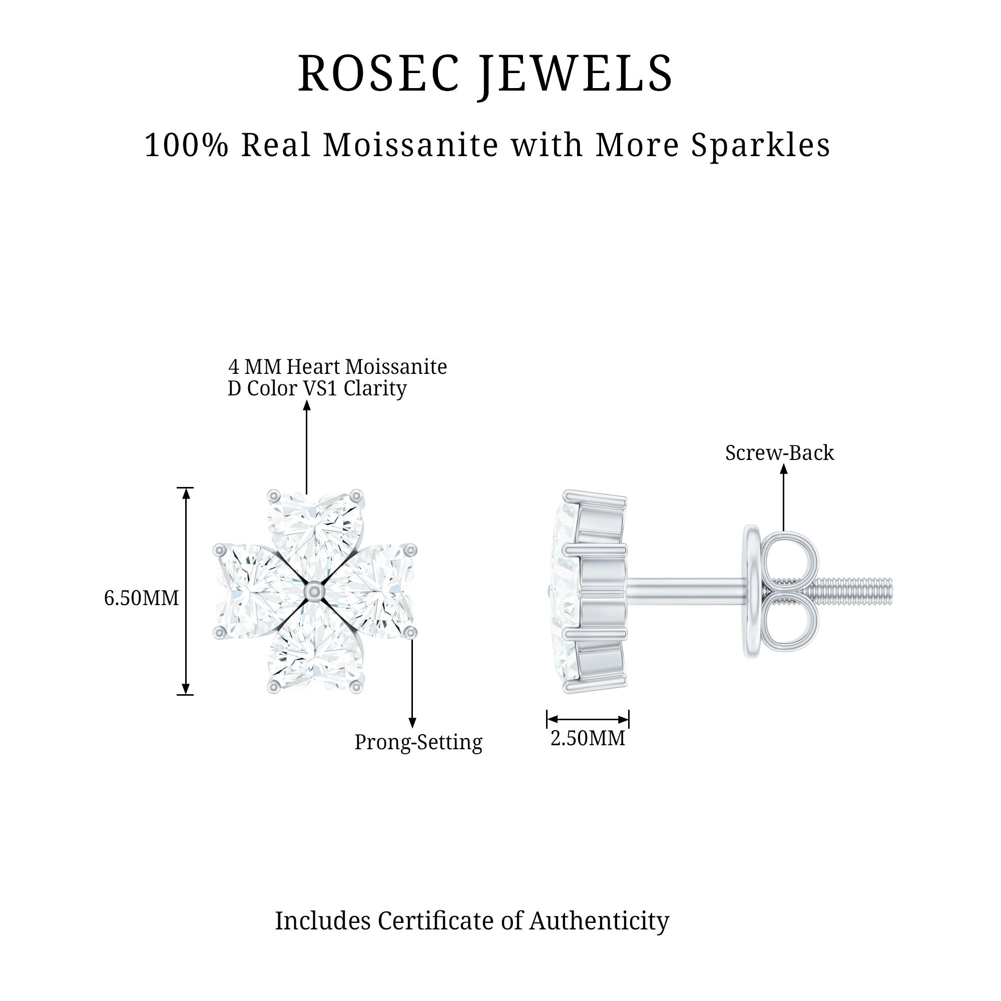 Certified Heart Shape Moissanite Flower Stud Earrings