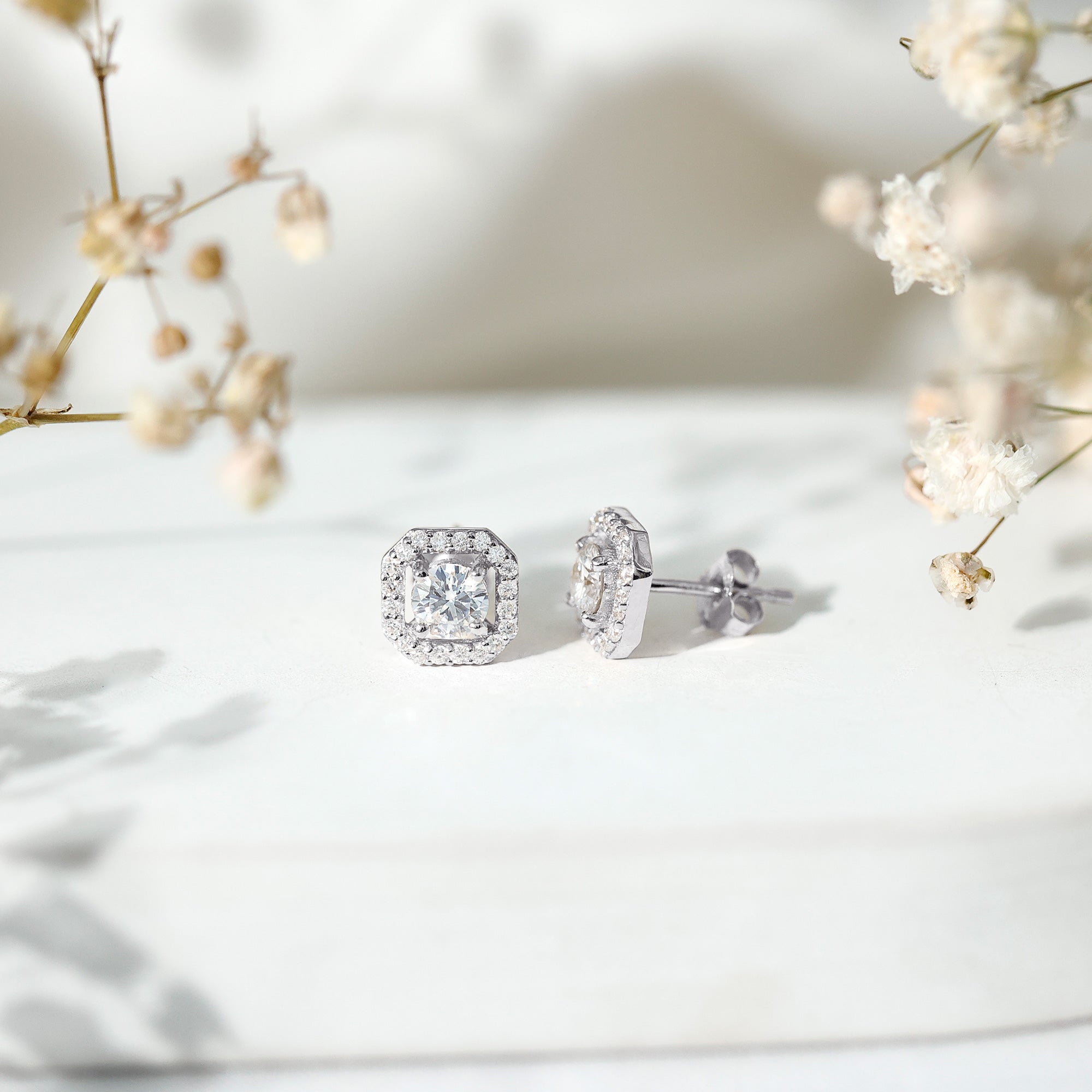 Round Cut Certified Moissanite Halo Stud Earrings with Screw Back