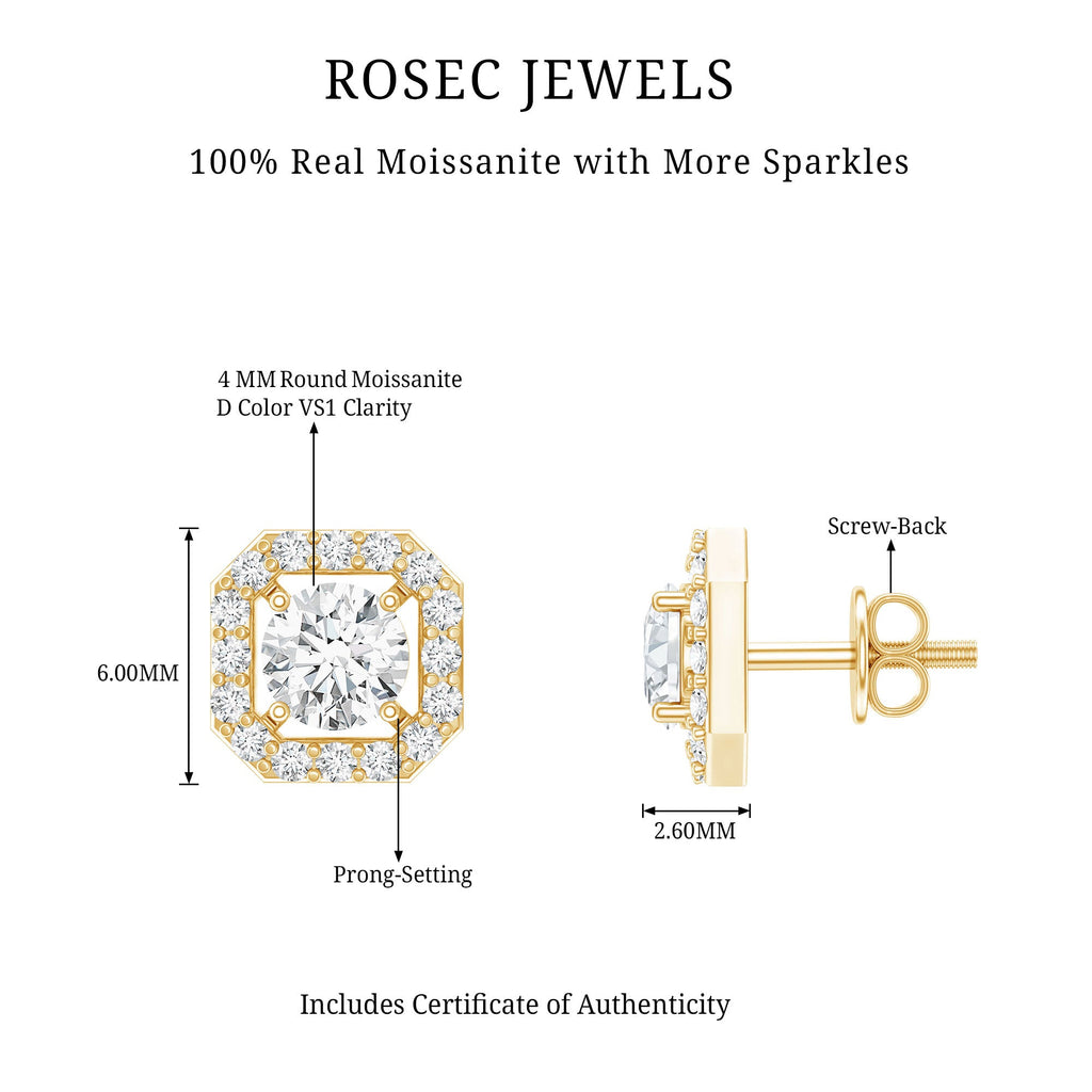 Round Cut Certified Moissanite Halo Stud Earrings with Screw Back