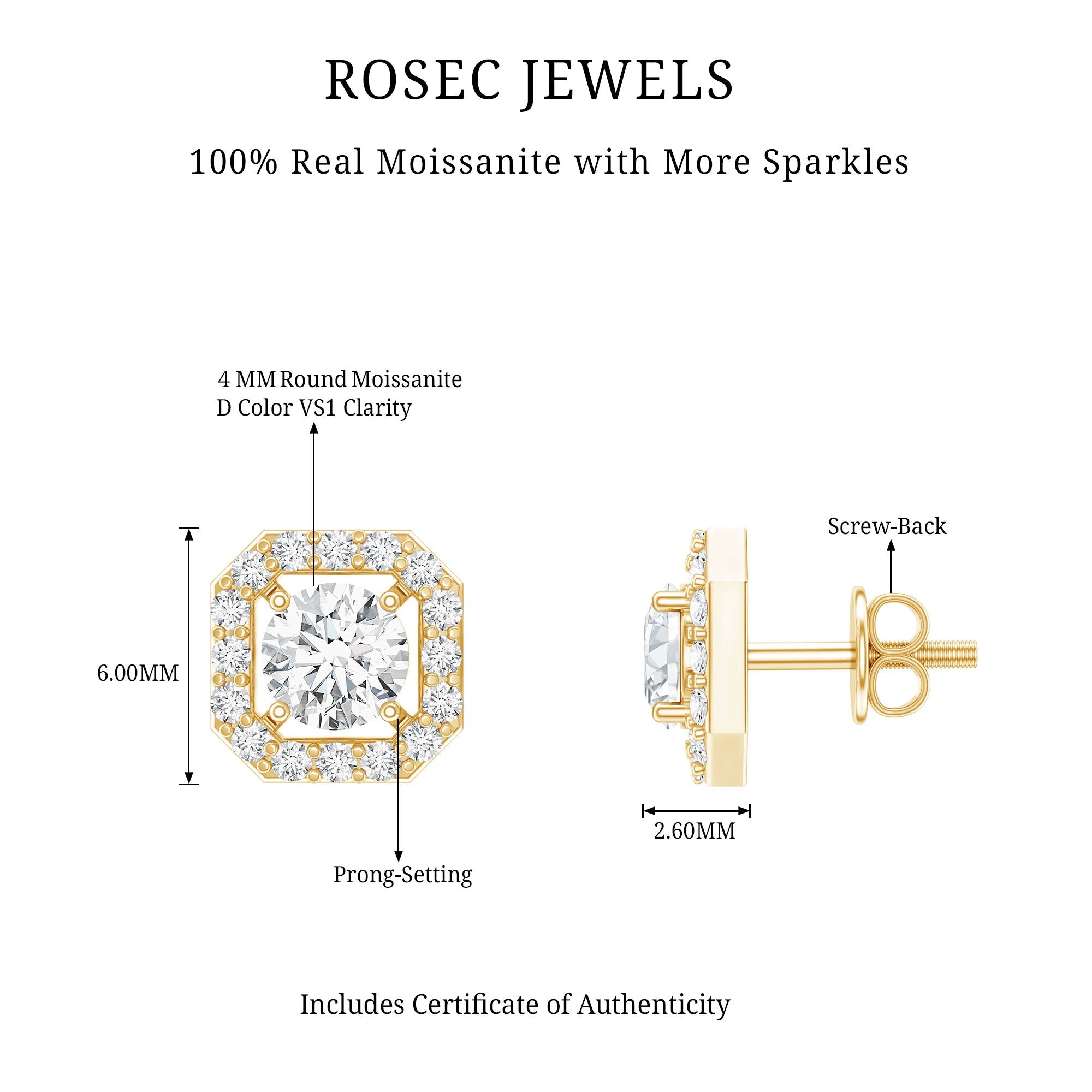 Round Cut Certified Moissanite Halo Stud Earrings with Screw Back