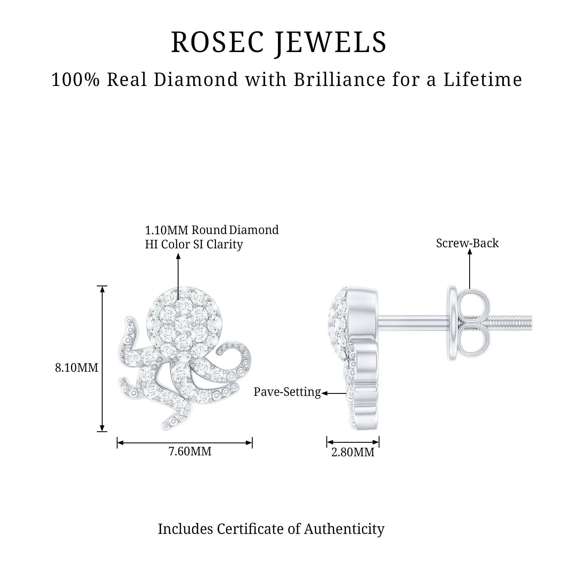 Real Diamond Octopus Stud Earrings for Women