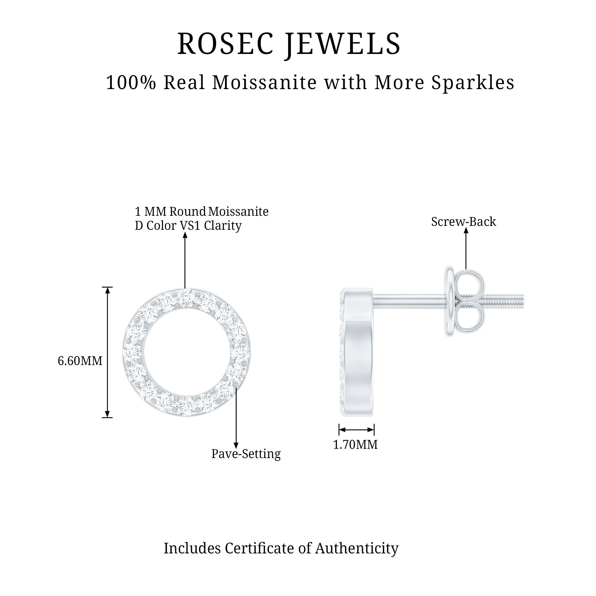 Round Cut Moissanite Eternity Stud Earrings with Screw Back
