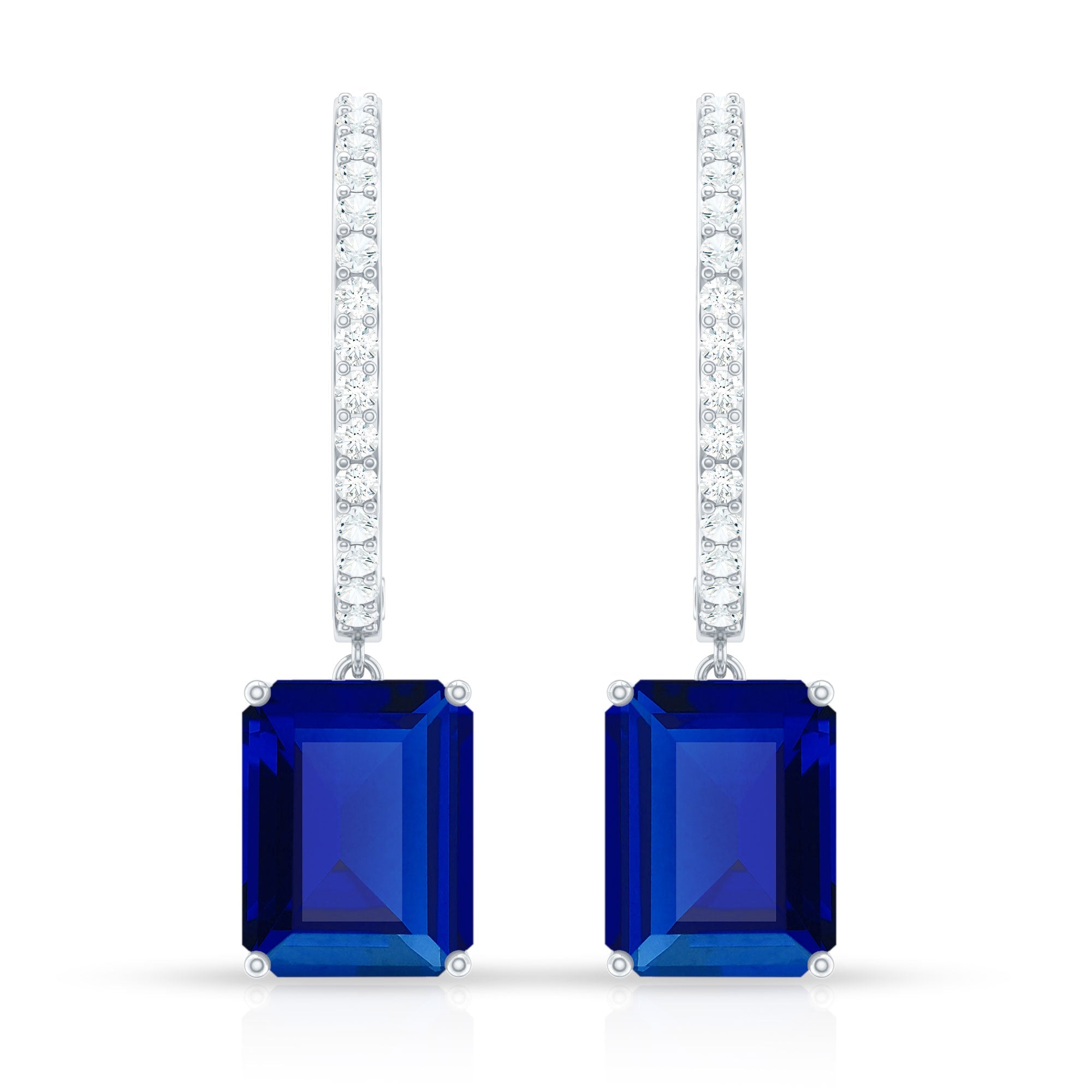 Emerald Cut Lab Created Blue Sapphire and Diamond Hoop Drop Earrings