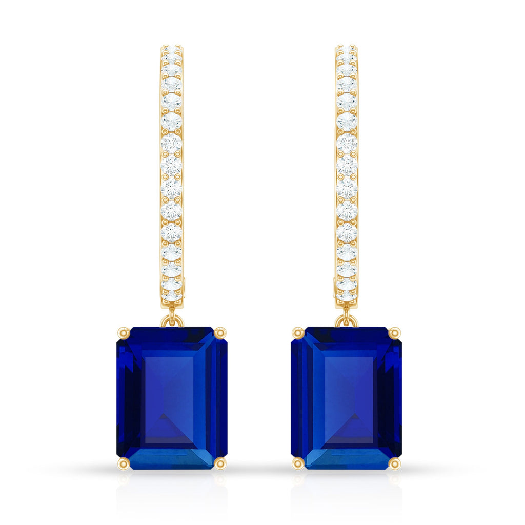 Emerald Cut Lab Created Blue Sapphire and Diamond Hoop Drop Earrings