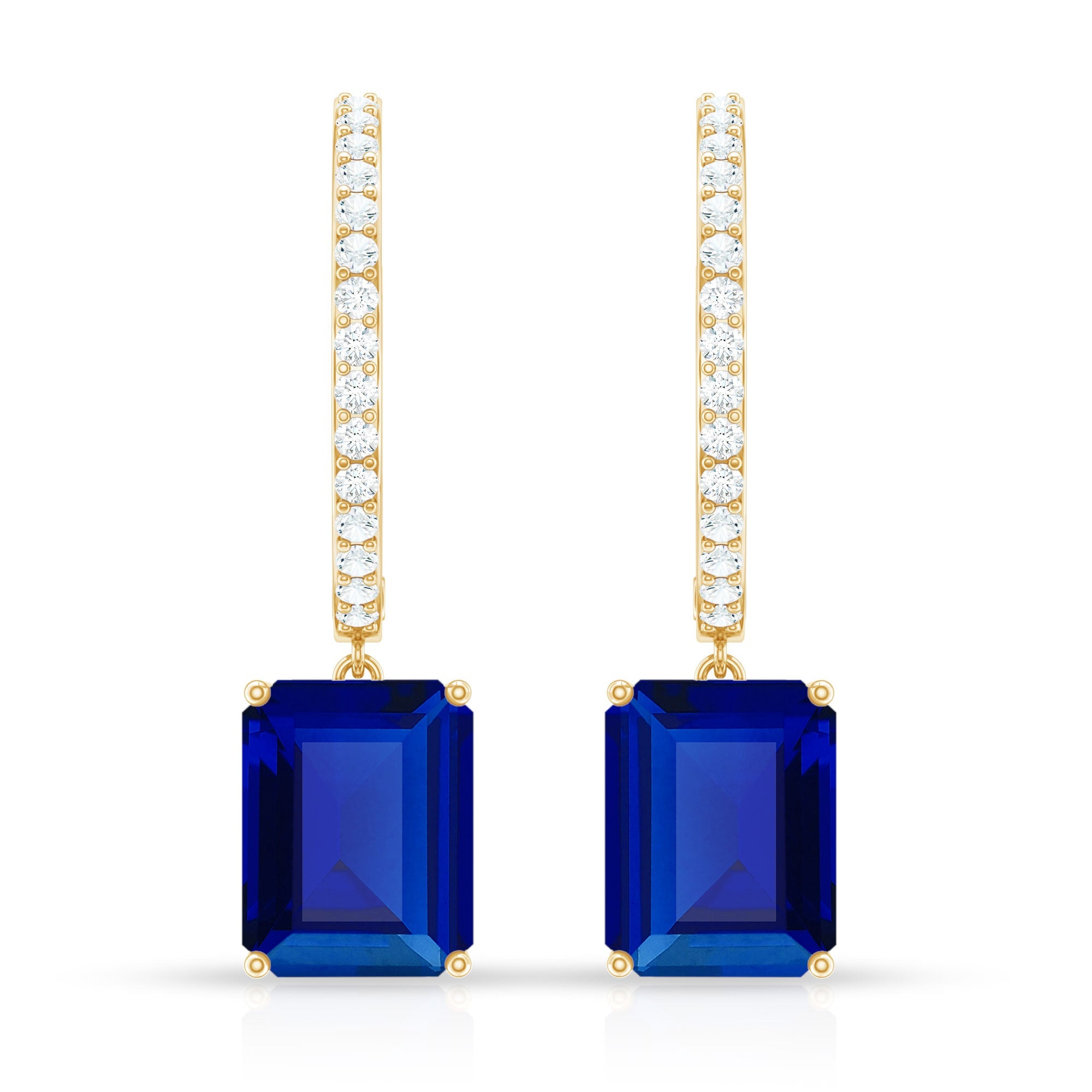 Emerald Cut Lab Created Blue Sapphire and Diamond Hoop Drop Earrings
