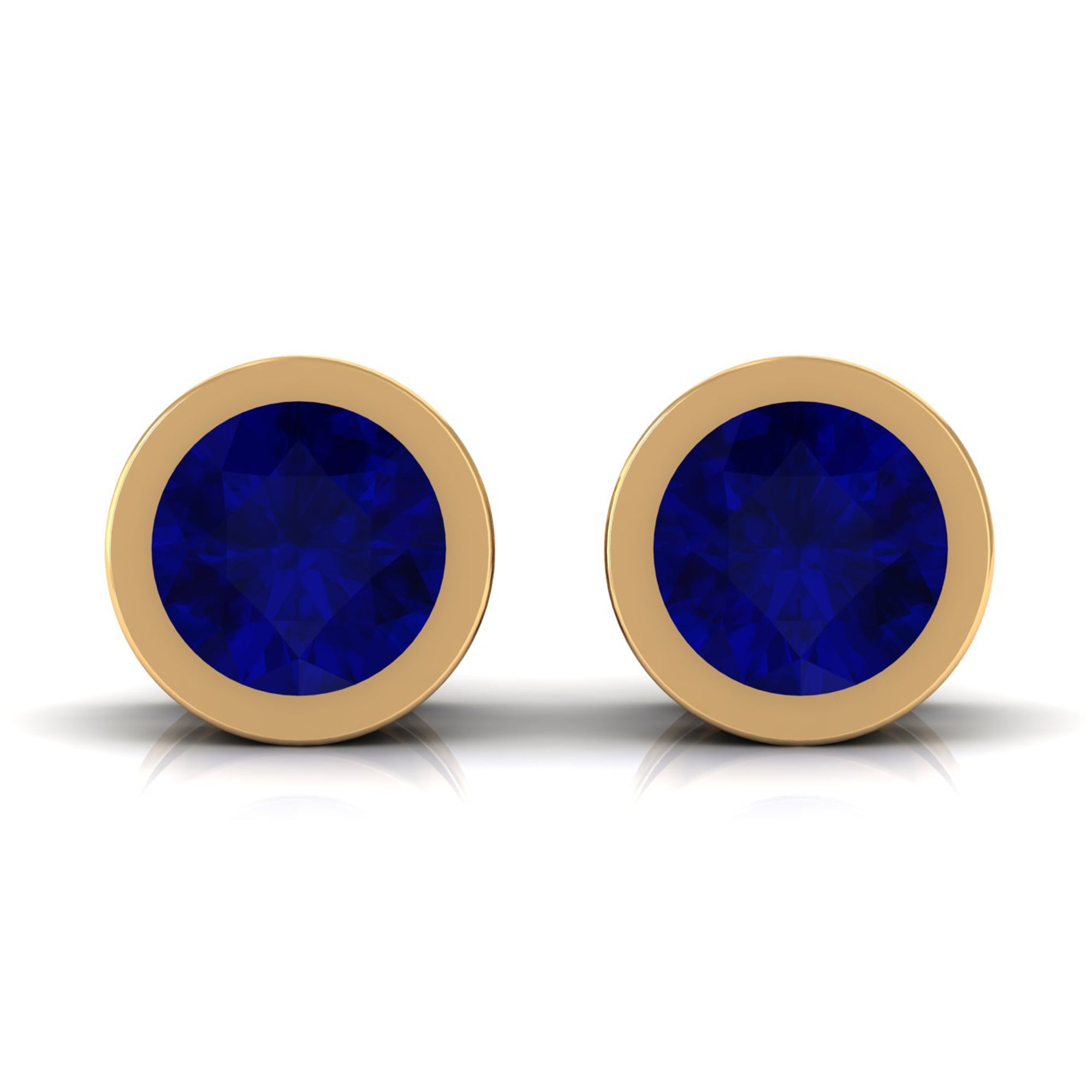 Genuine Blue Sapphire Round Solitaire Stud Earrings in Bezel Setting