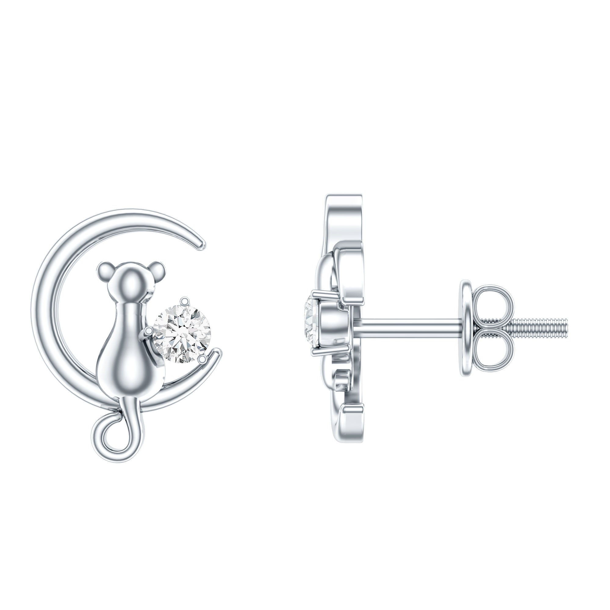 Diamond Cat Moon Stud Earrings for Women