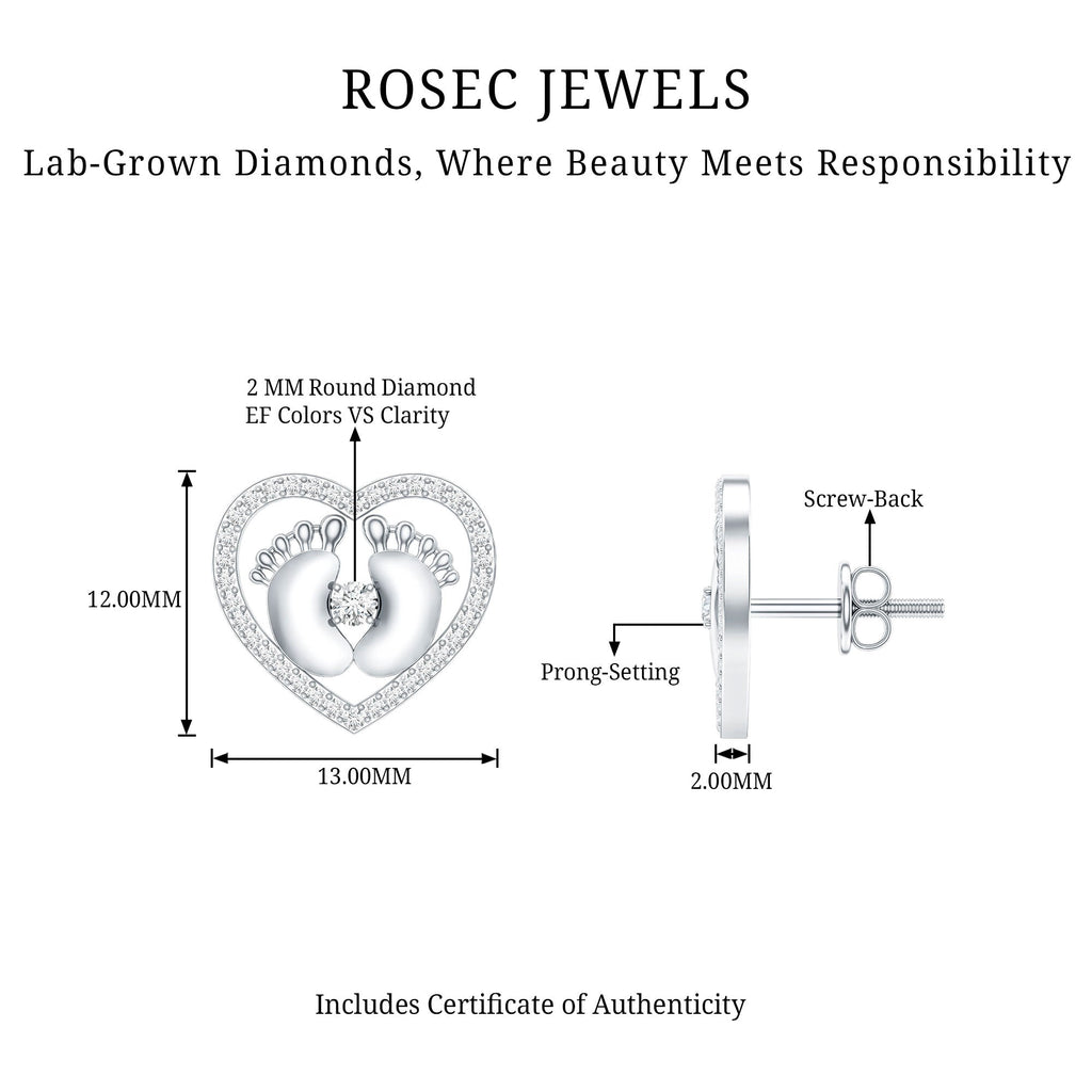 Diamond Heart Stud Earrings with Baby Feet