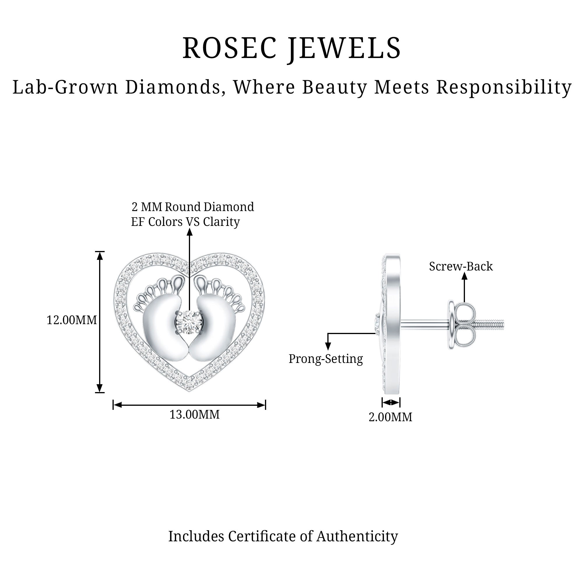 Diamond Heart Stud Earrings with Baby Feet