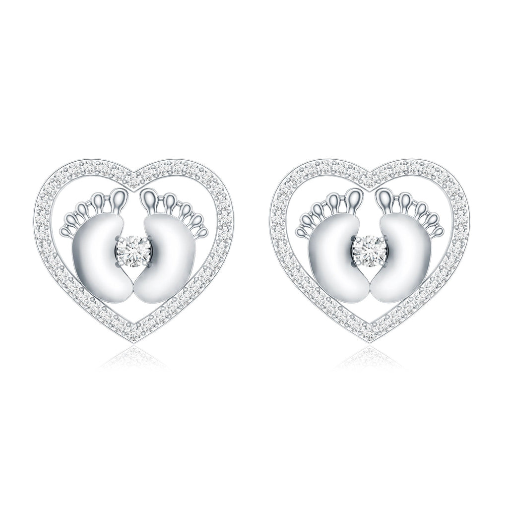 Diamond Heart Stud Earrings with Baby Feet