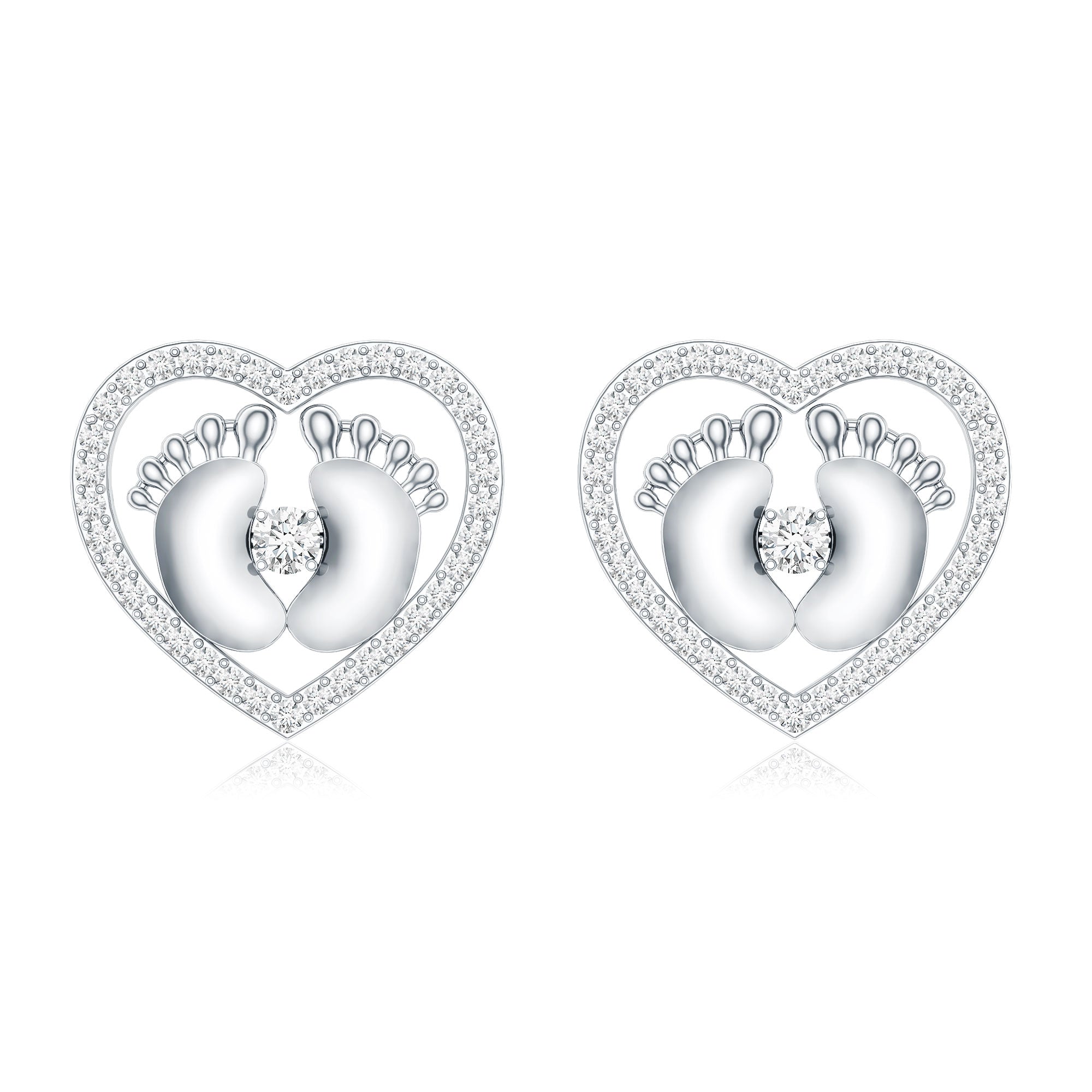 Diamond Heart Stud Earrings with Baby Feet