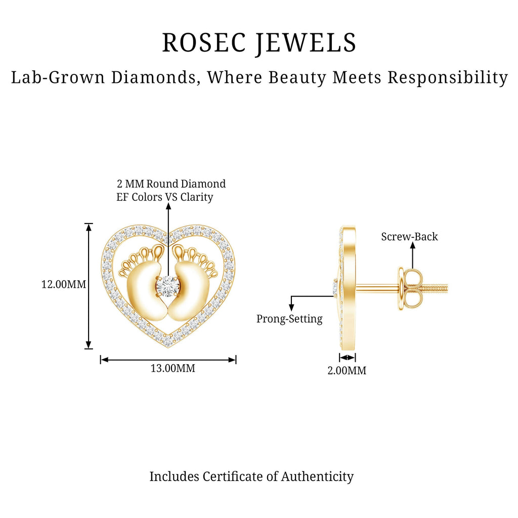 Diamond Heart Stud Earrings with Baby Feet