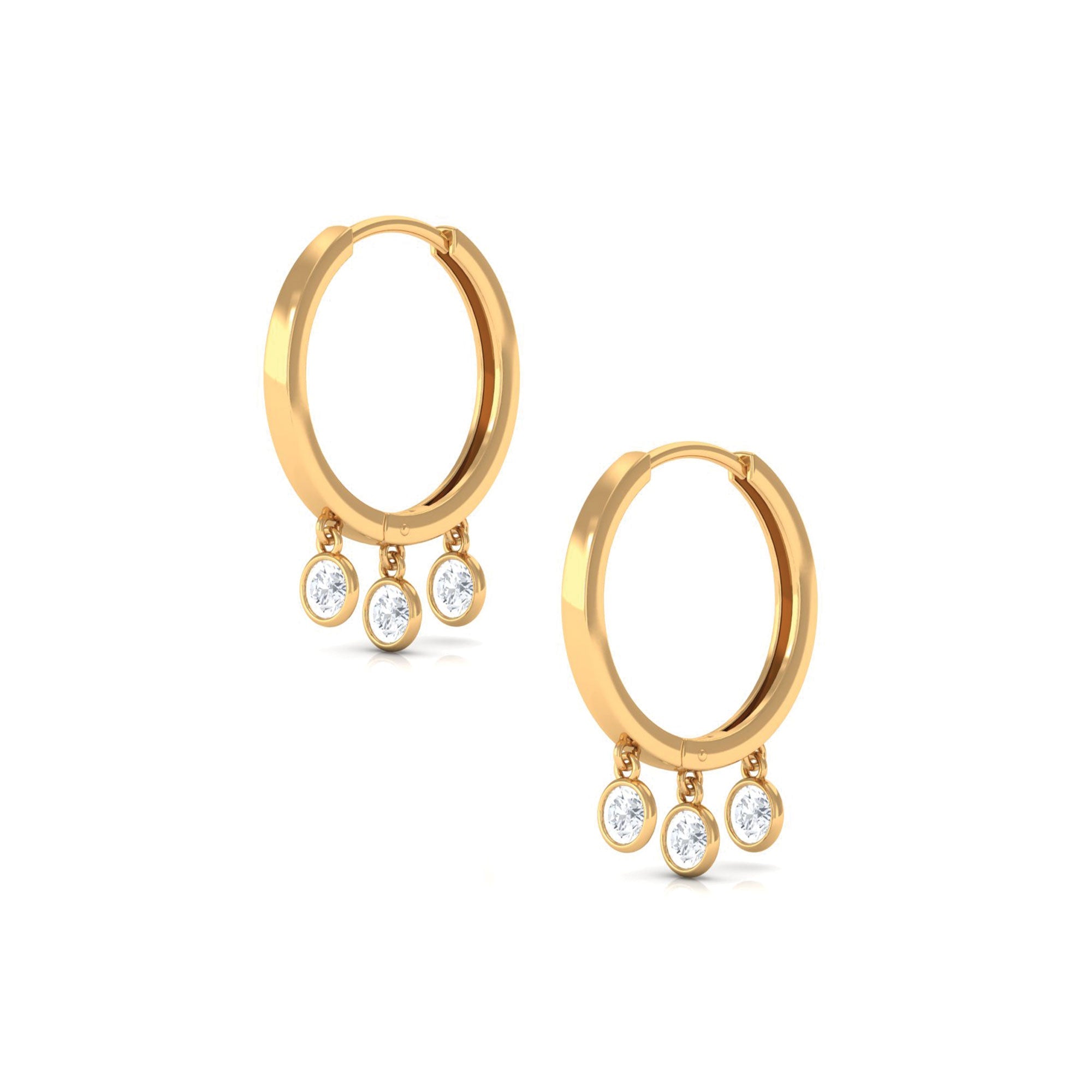Natural 3 Stone Diamond Drop Hoop Earrings